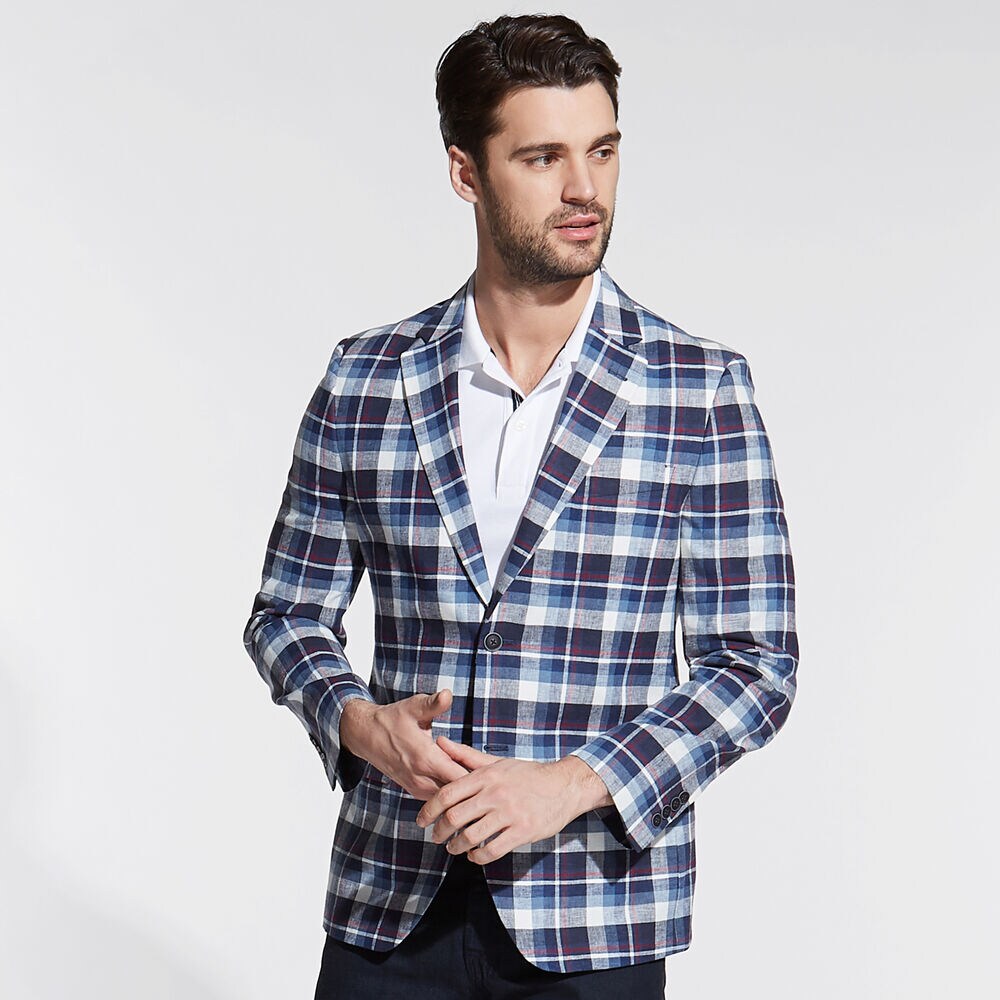 Brielle Linen Blend Jacket in Multicolor Plaid,Workshirt Blue,large