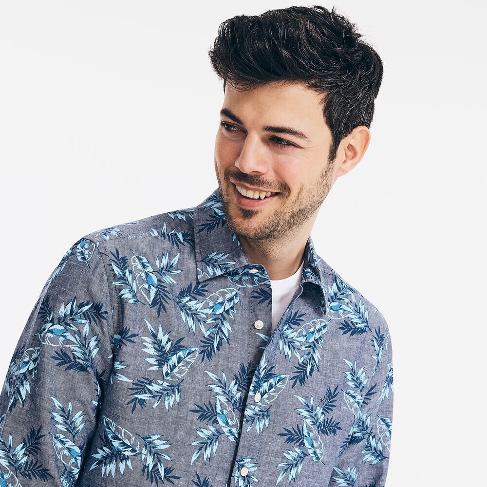 TROPICAL FOLIAGE PRINT LINEN SHIRT,J Navy,large