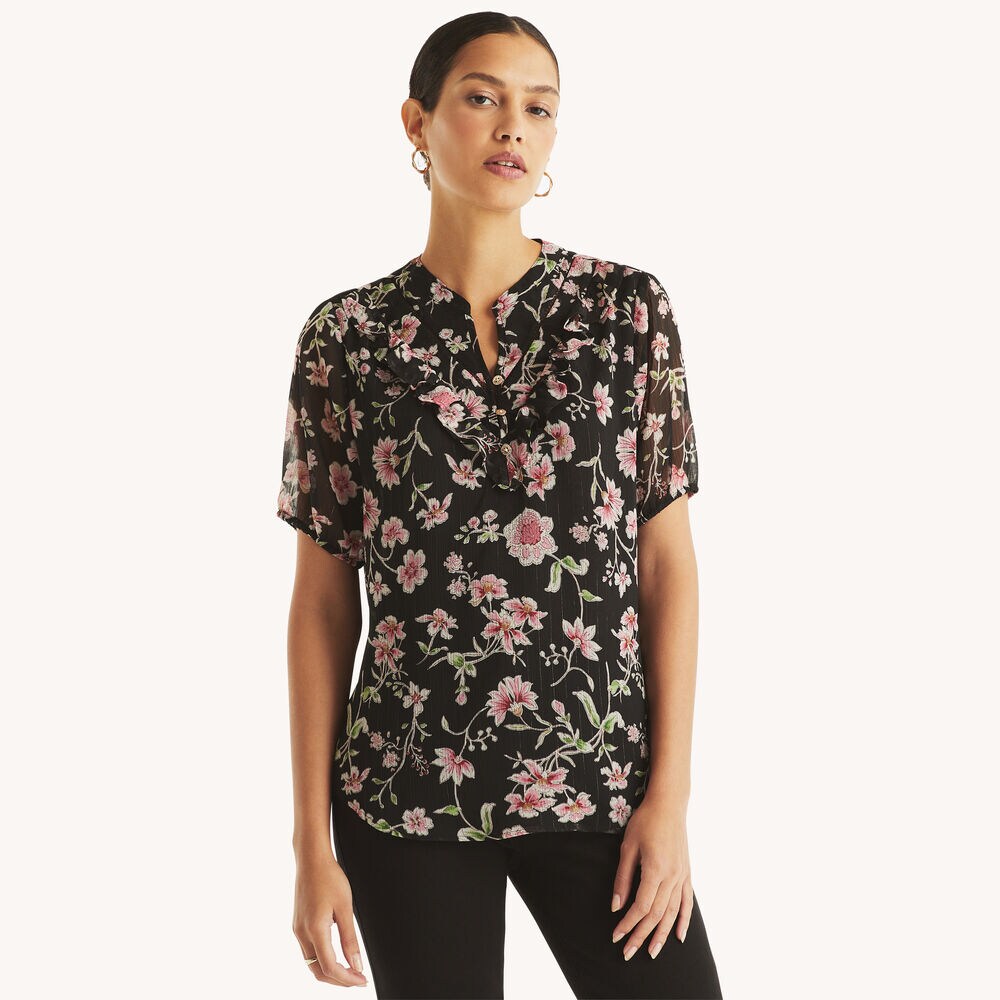 Floral-Print Ruffle Popover Top,True Black,large