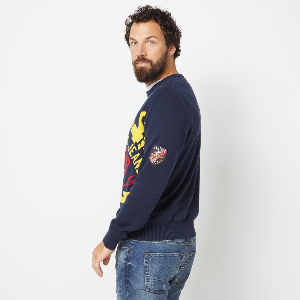 NAUTICA JEANS CO. INTARSIA GRAPHIC SWEATER,Navy,large