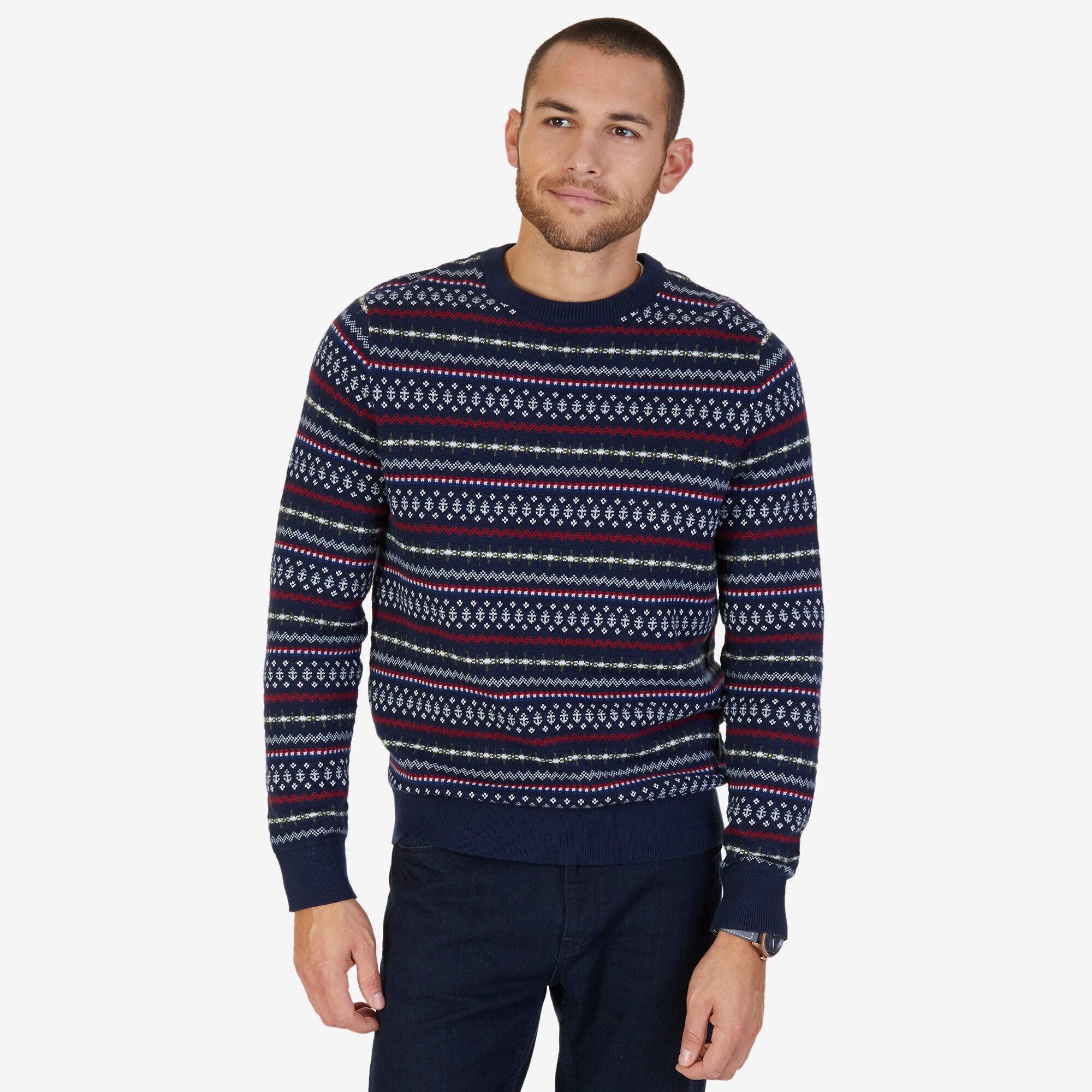 Fair Isle Crew Sweater,Navy,large