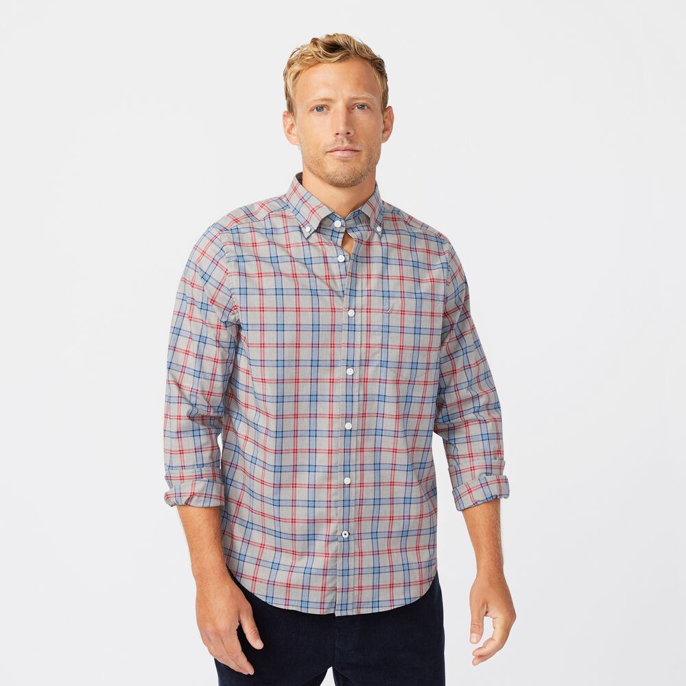 BIG & TALL WRINKLE-RESISTANT PLAID SHIRT,Grey Heather,large