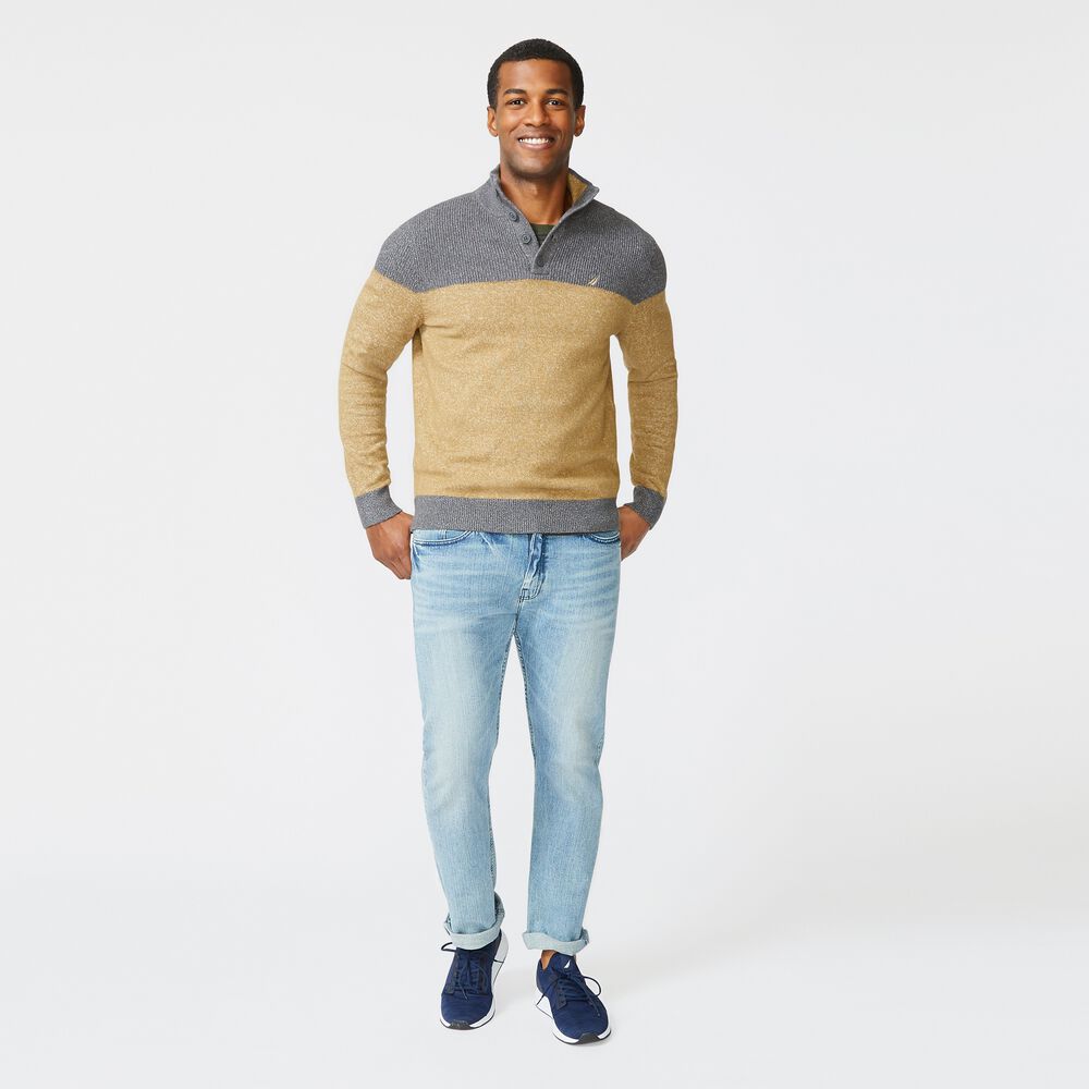 SUSTAINABLY CRAFTED COLORBLOCK SWEATER,Dark Brown,large