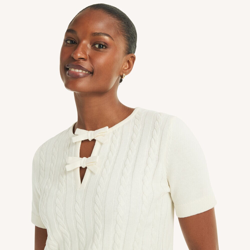 Bow Cable-Knit Short-Sleeve Sweater,Sail White,large