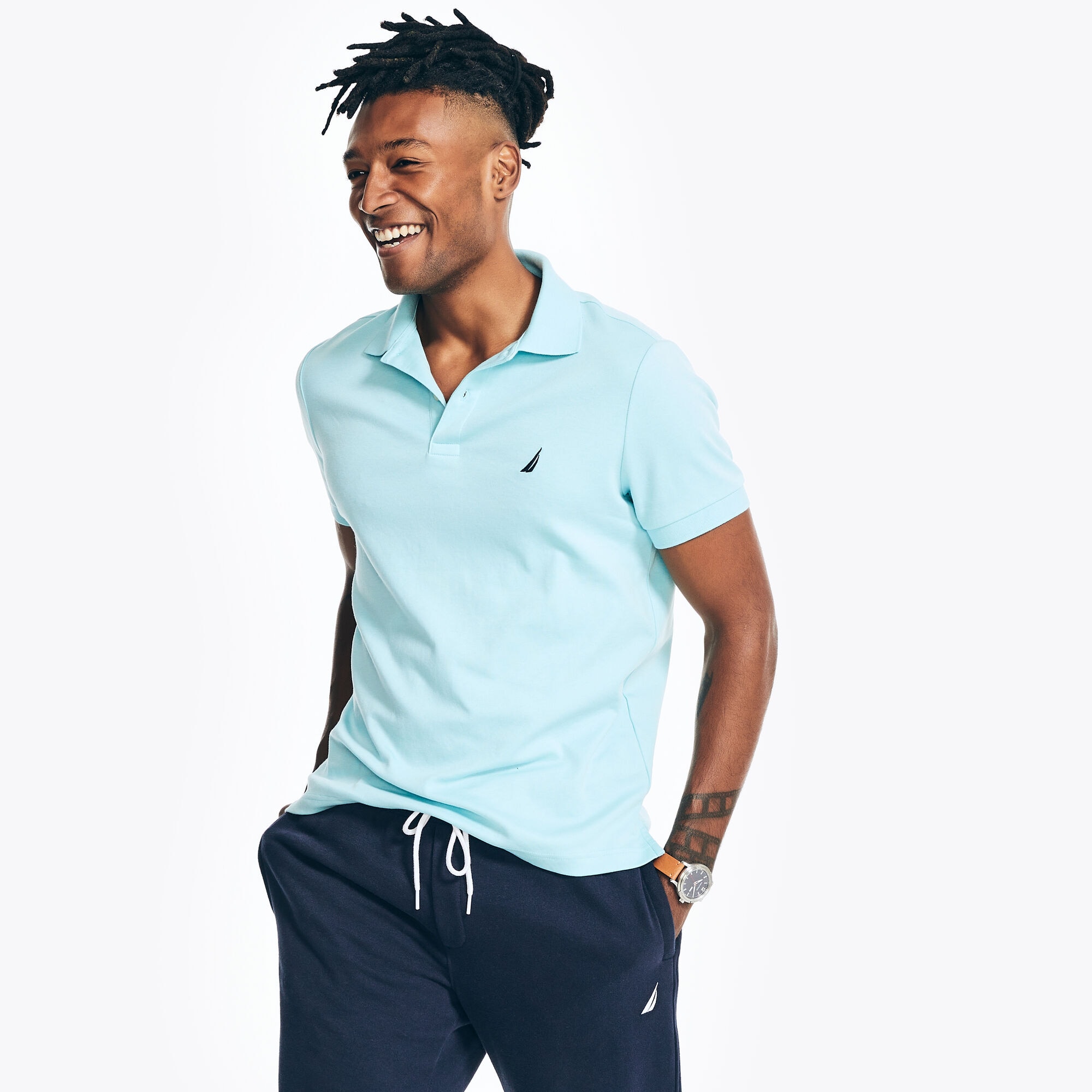 Slim Fit Interlock Deck Polo,Harbor Mist,large