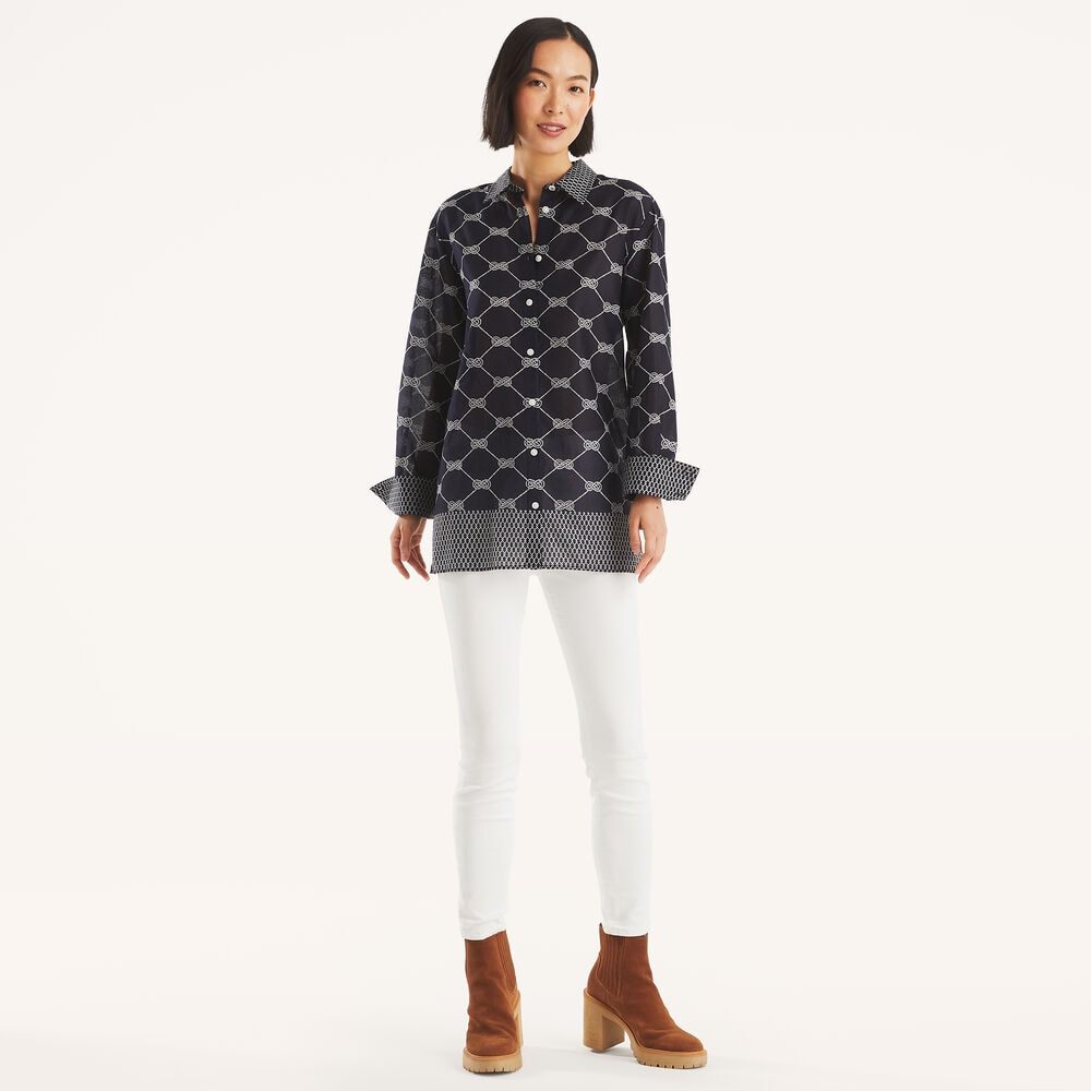 Printed Button-Up Shirt,Navy,large
