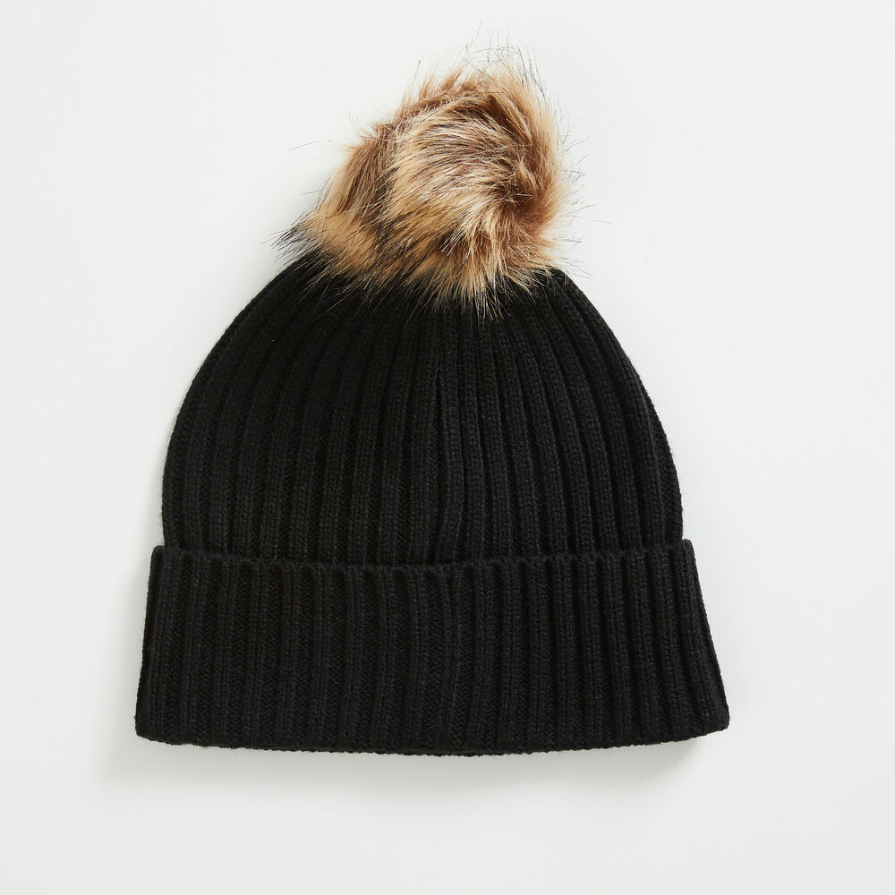 RIBBED-KNIT POM-POM BEANIE,True Black,large
