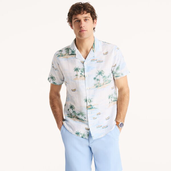 Printed Linen Short-Sleeve Camp Shirt