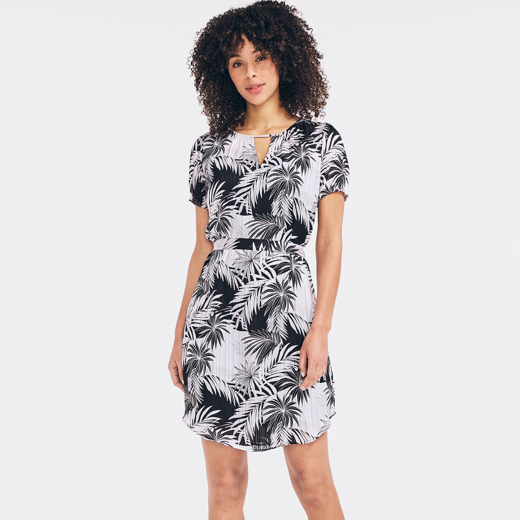 SATIN PALM TREE PRINT DRESS,True Black,large