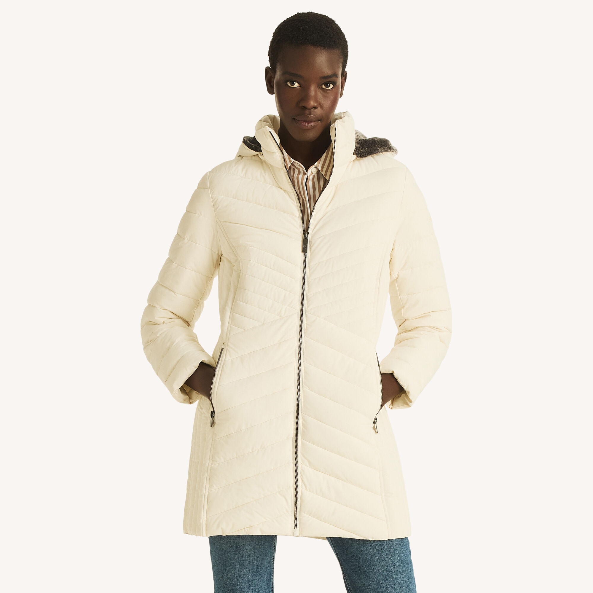 Hooded Puffer Jacket With Faux Fur Trim,Twig,large