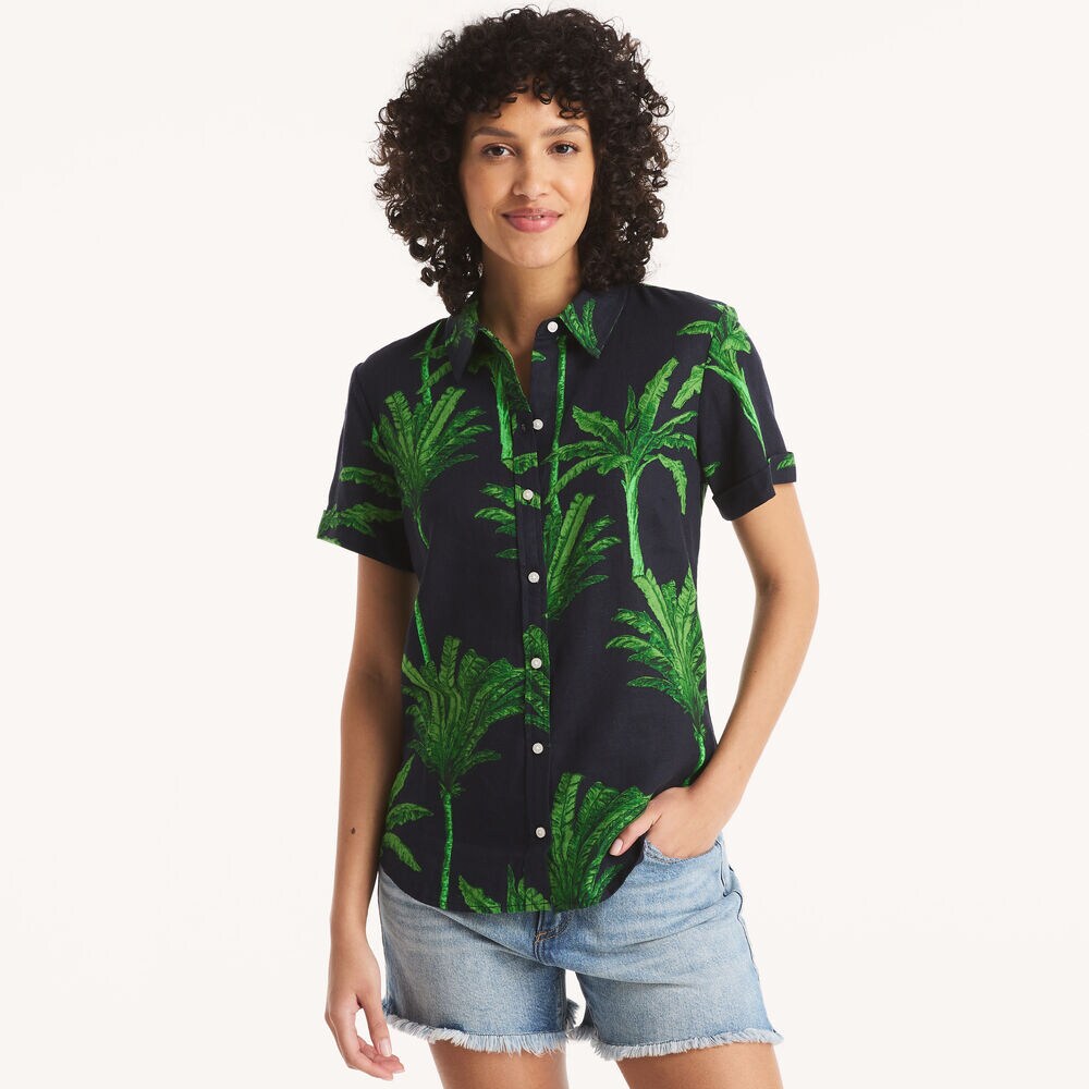 Printed Camp Linen Shirt,Navy,large
