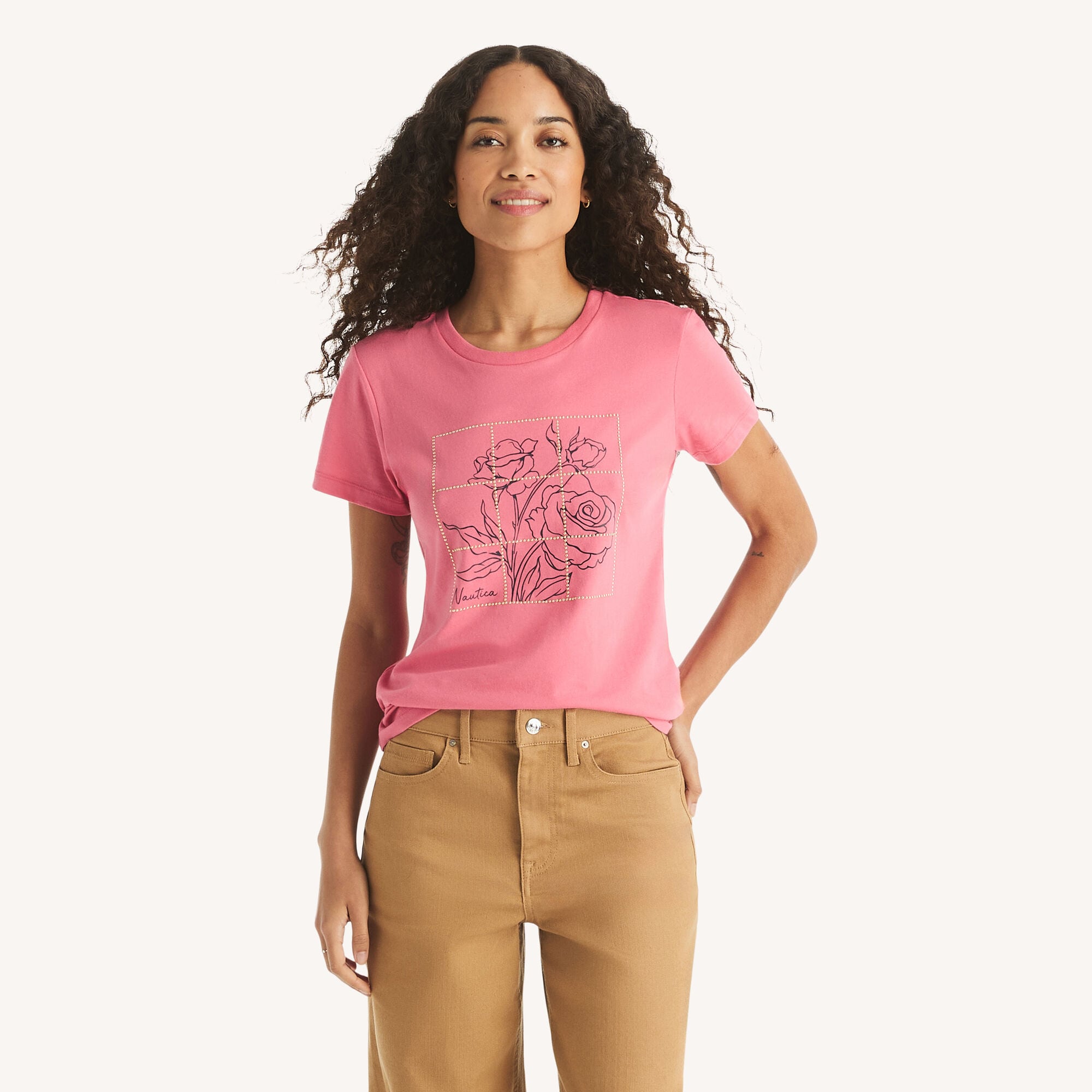 Modern Flowers Studded Graphic T-Shirt,Desert Rose,large