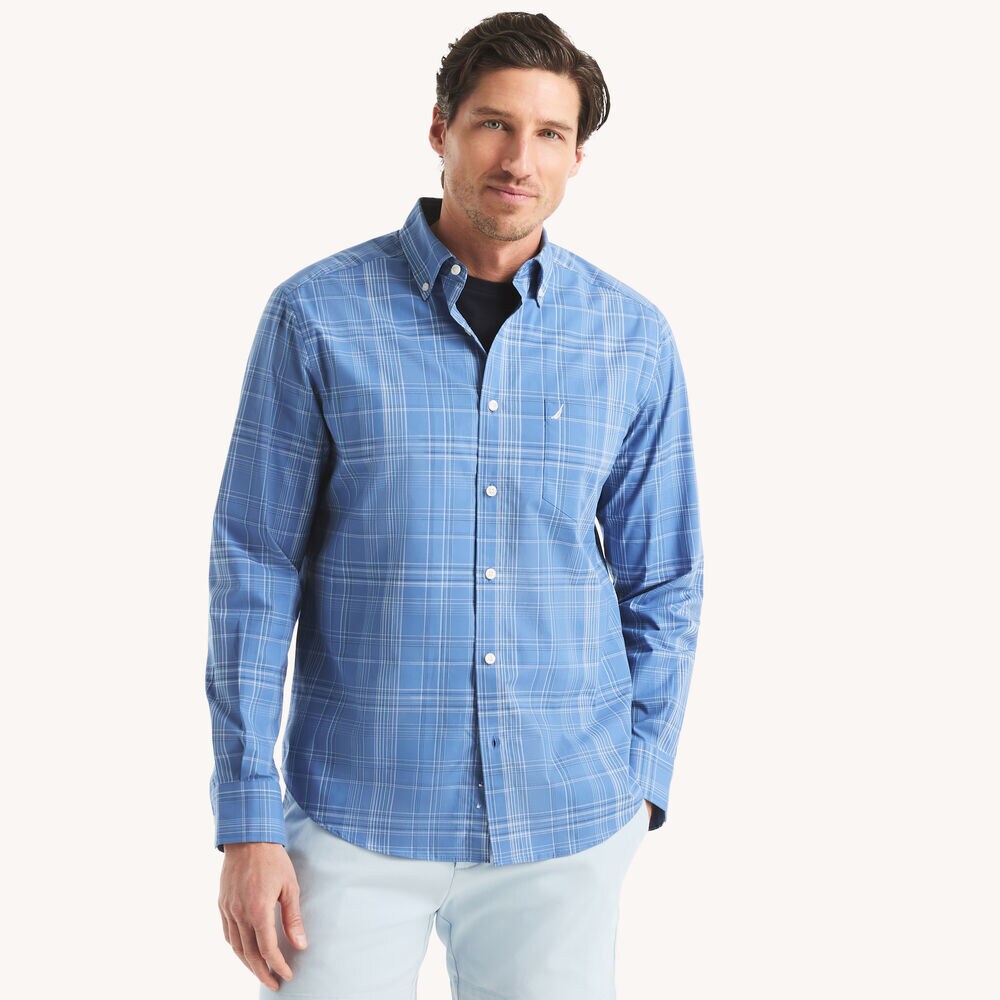 Classic Fit Wrinkle-Resistant Plaid Shirt,Dock Blue,large