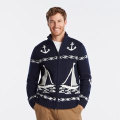 SAIL JACQUARD FULL-ZIP SWEATER,Navy,large