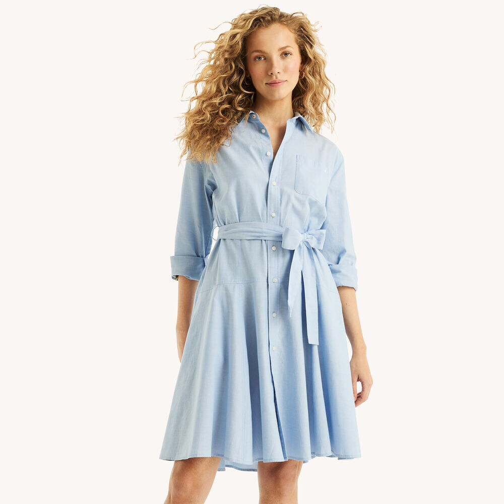 Solid Button-Front Dress,Rolling River Wash,large