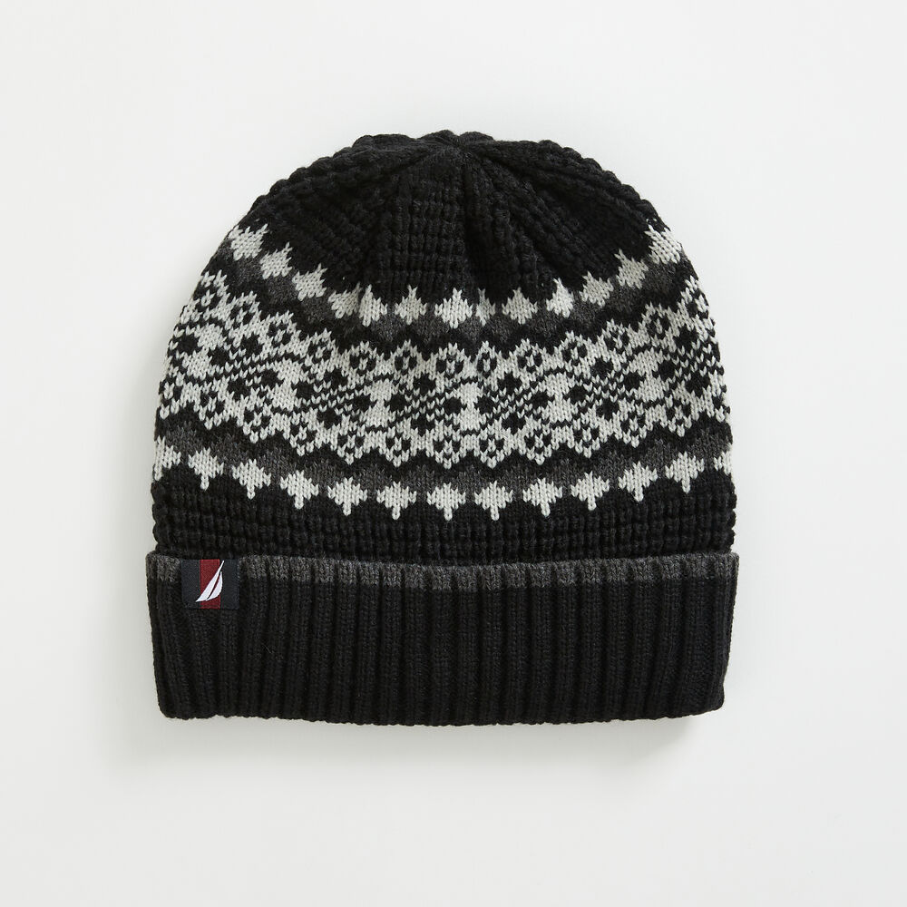 FAIRISLE CUFFED BEANIE,True Black,large