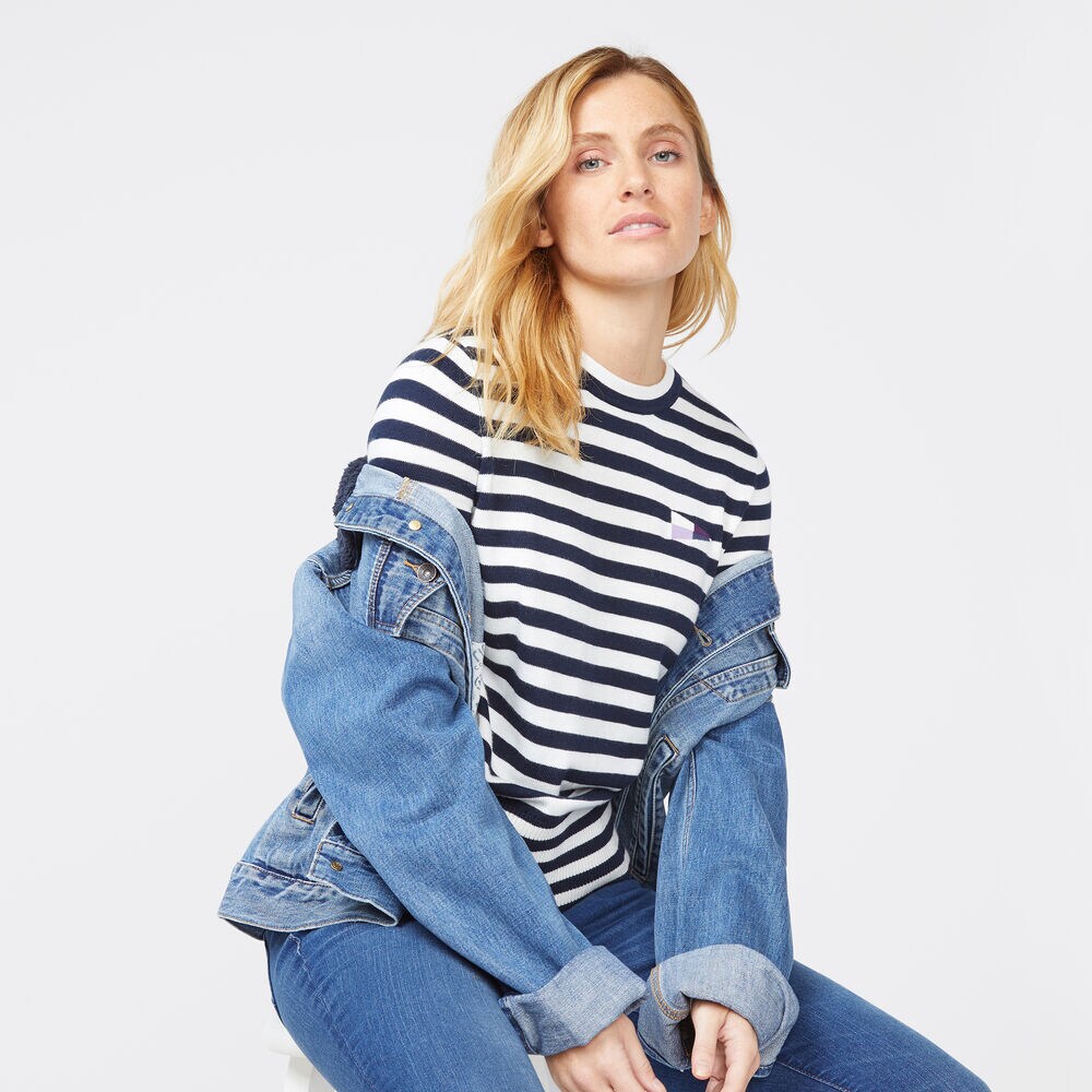 STRIPE CREW NECK LONG SLEEVE SWEATER,Stellar Blue Heather,large