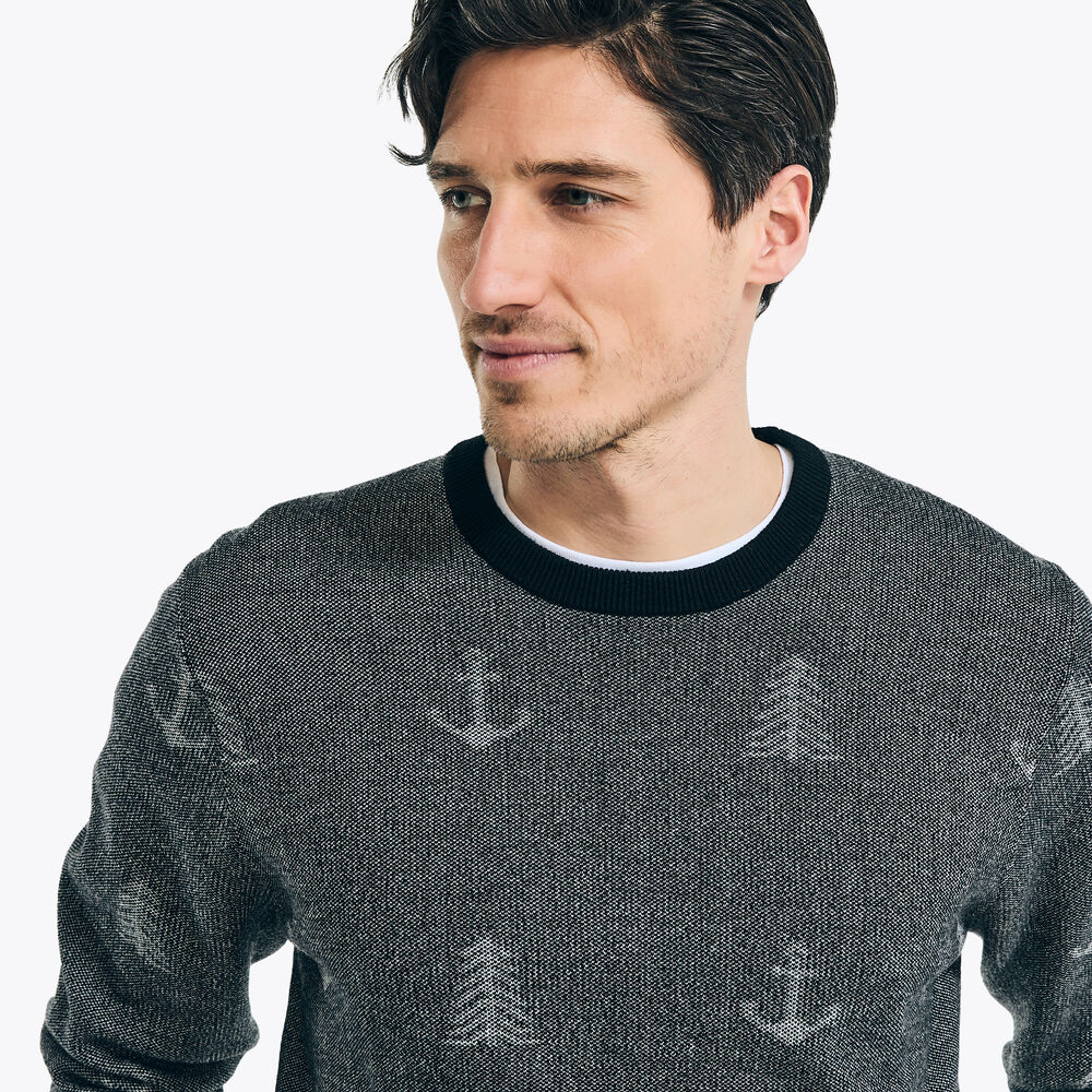 Jacquard Printed Crewneck Sweater,True Black,large