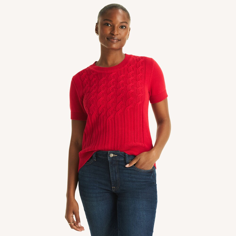 Cable-Knit Short-Sleeve Sweater,Dreamy Coral,large