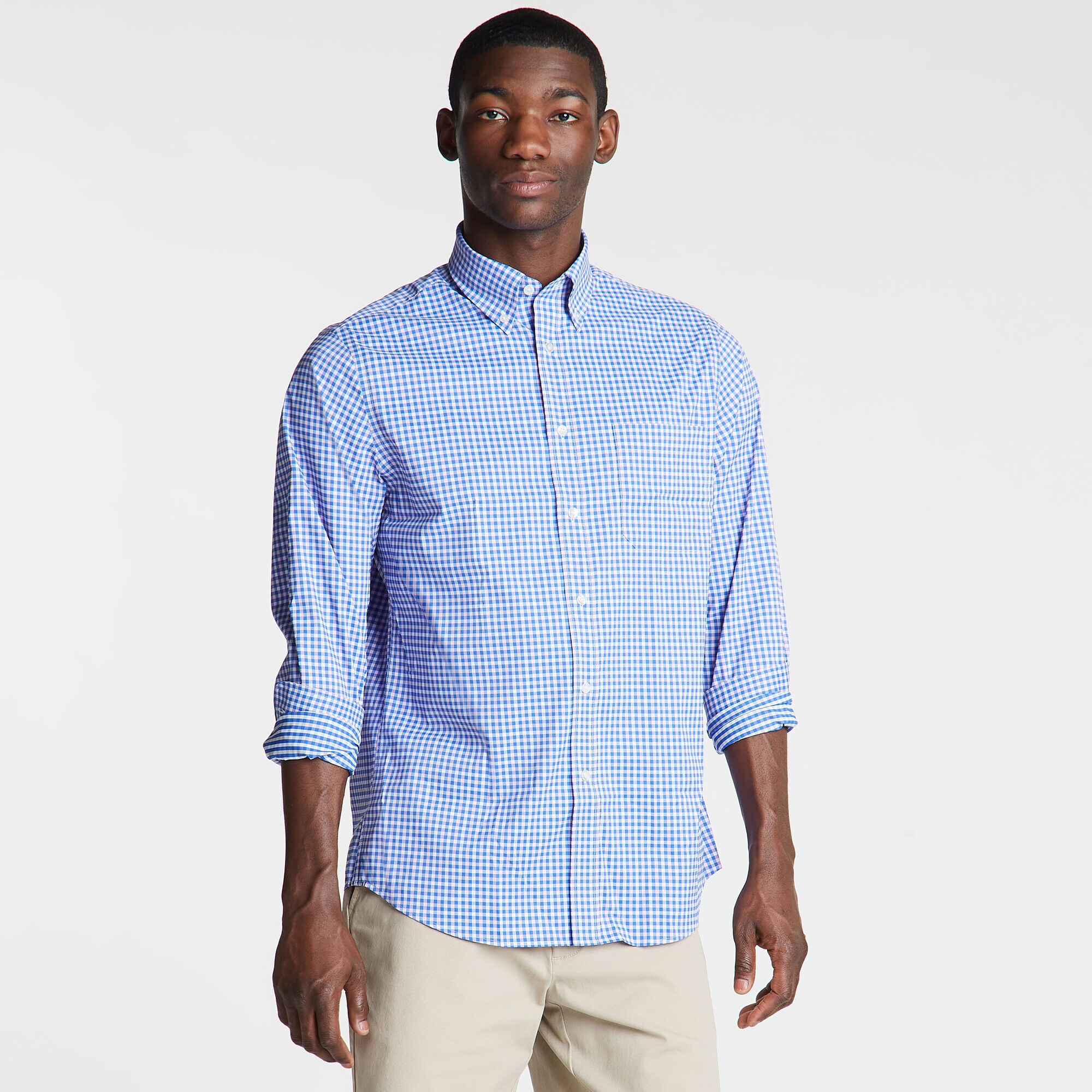 Classic Fit Non-Iron Performance Poplin Shirt in Gingham,Crest Blue,large