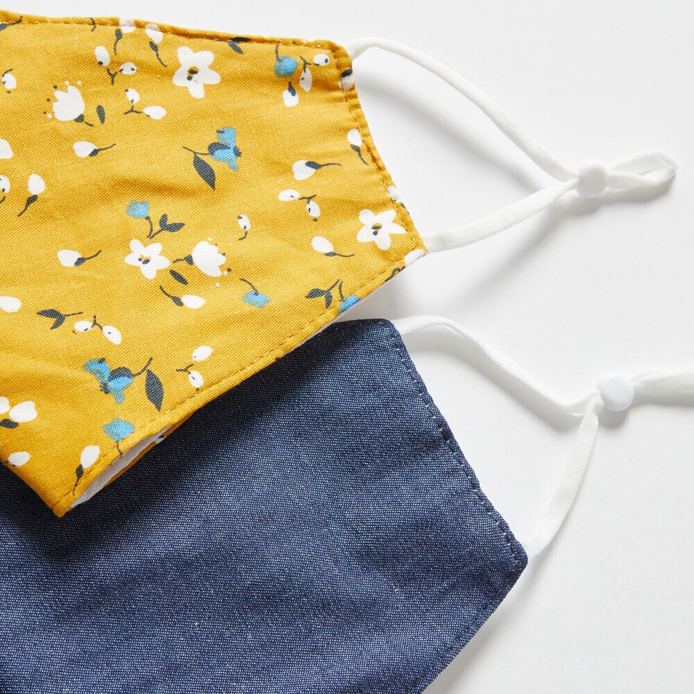 FLORAL PRINT AND DENIM REUSABLE FACE MASK, 2 PACK,Marigold,large