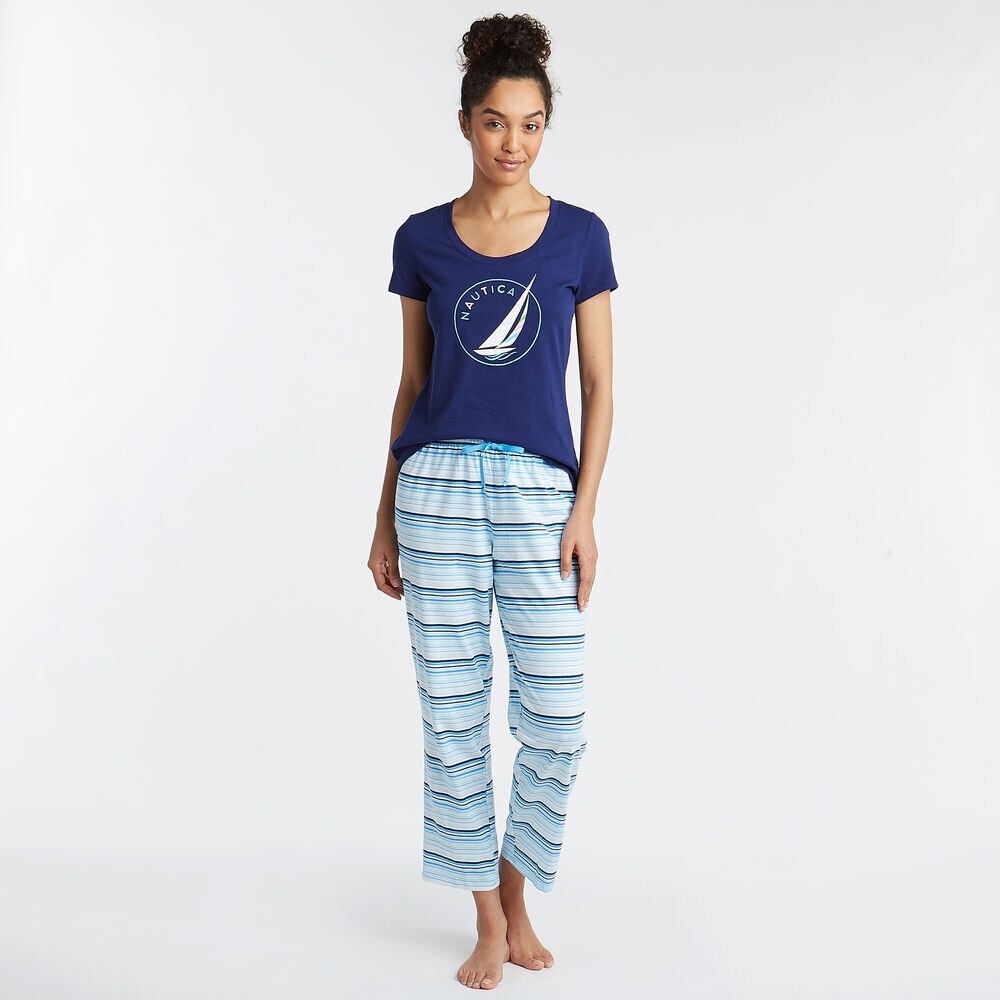 SHORT SLEEVE PAJAMA SET IN SUMMER STRIPE ,Peacoat,large