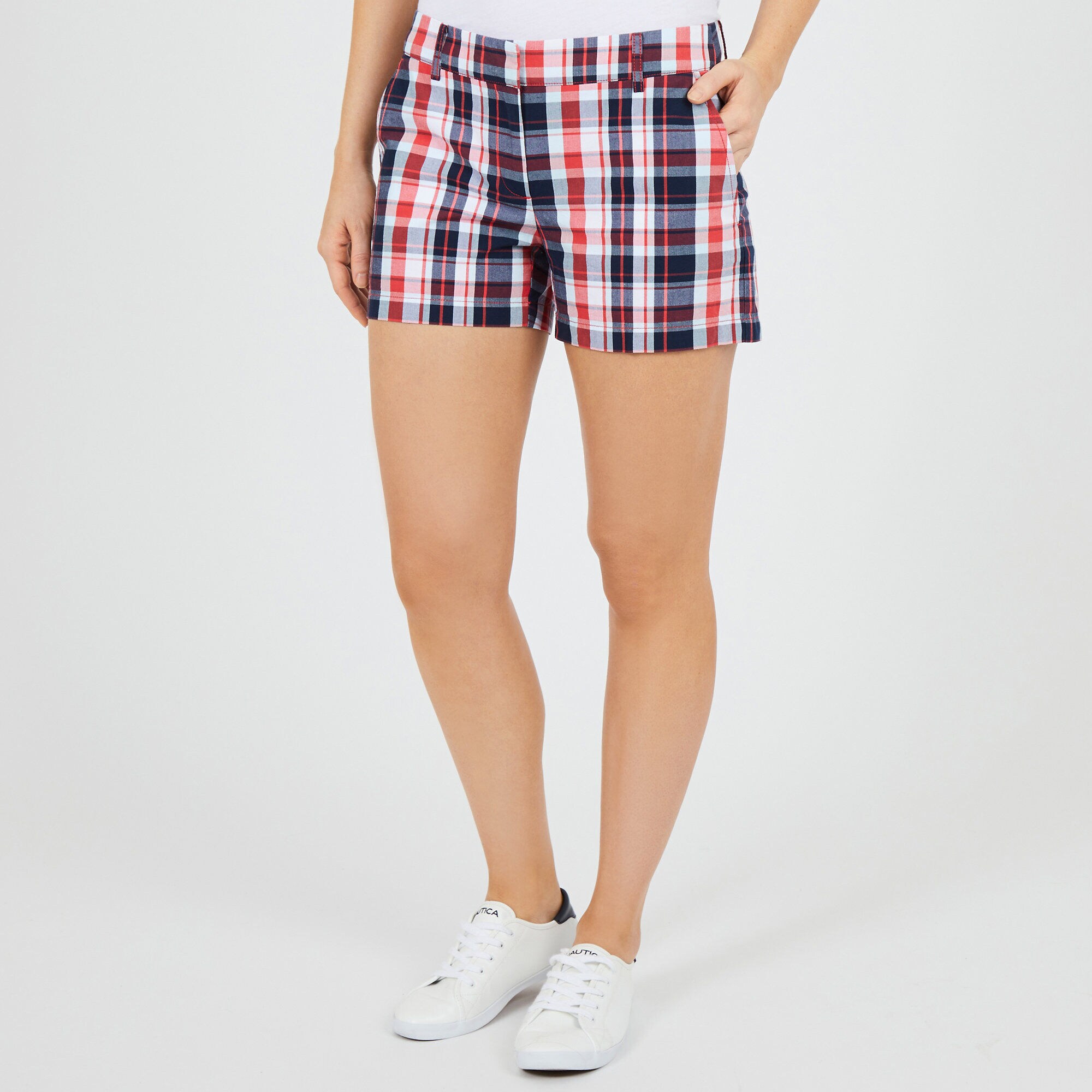 Madras Plaid Flat Front Shorts - 4" Inseam,Tomato,large