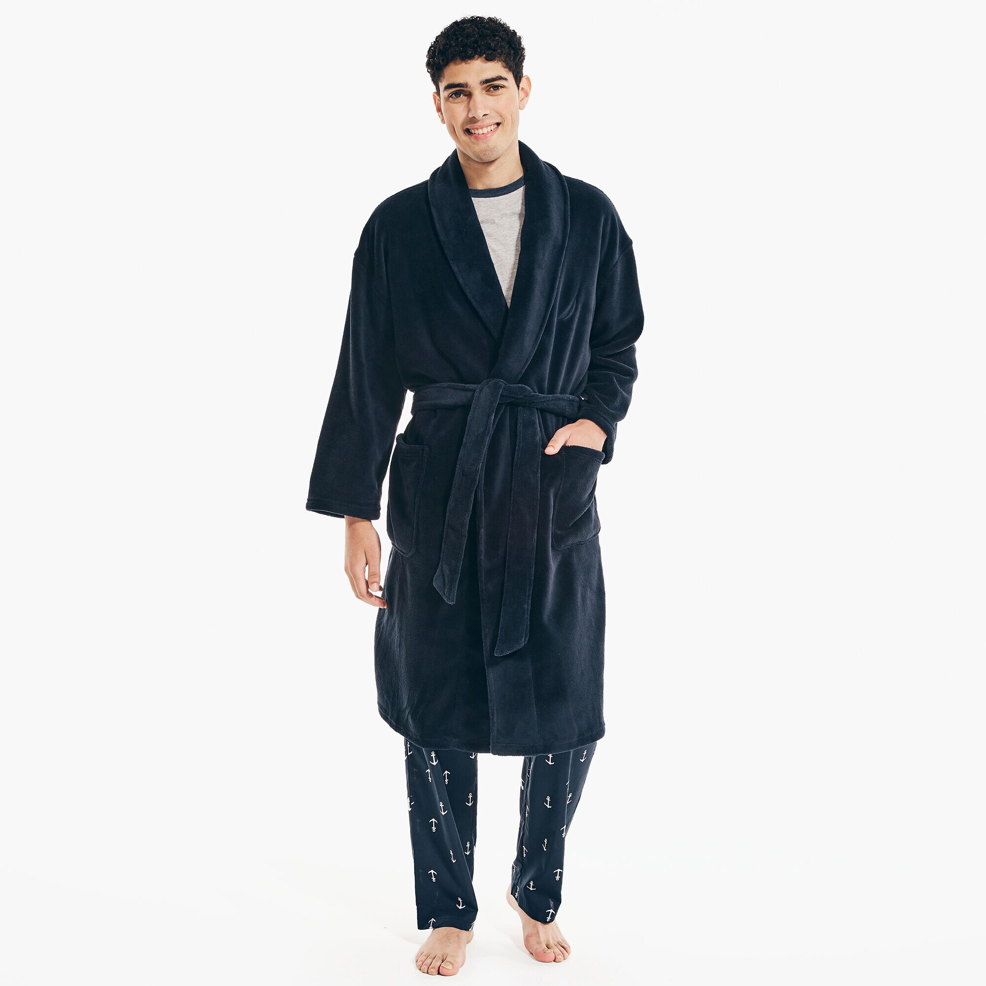 SOLID PLUSH ROBE,Navy,large