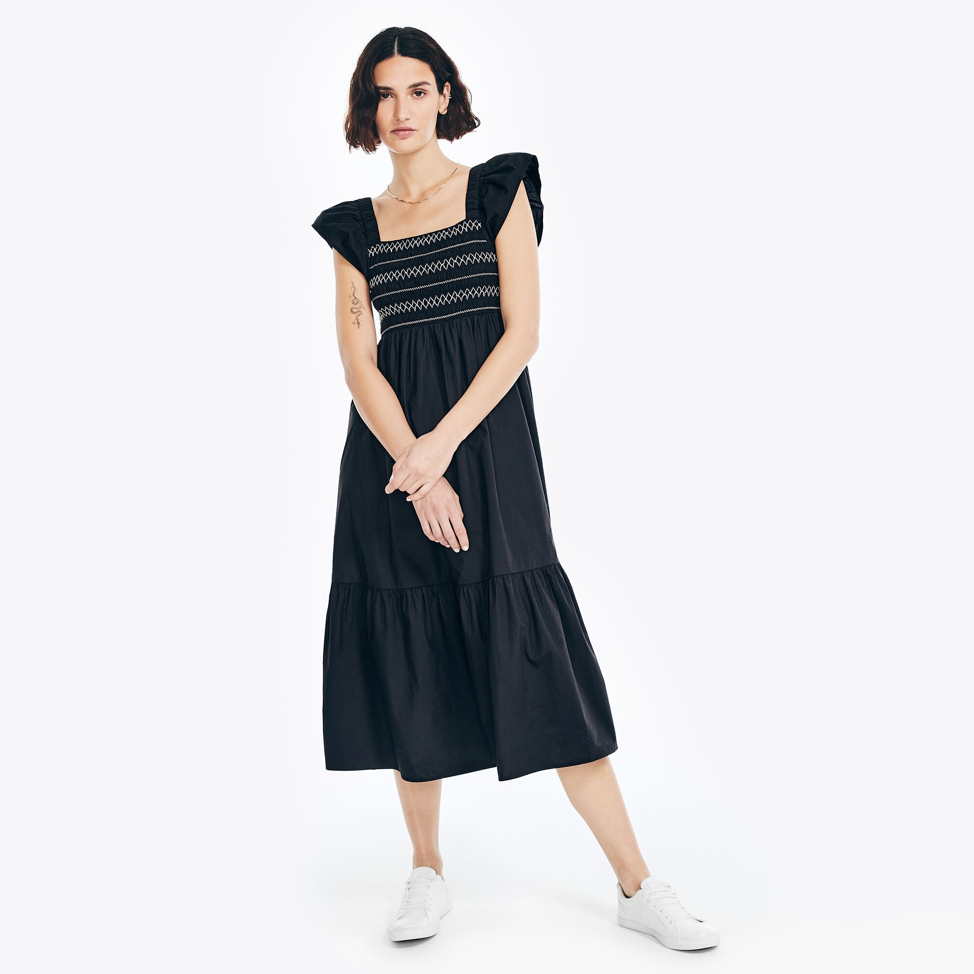 Embroidered Smocked Dress,True Black,large