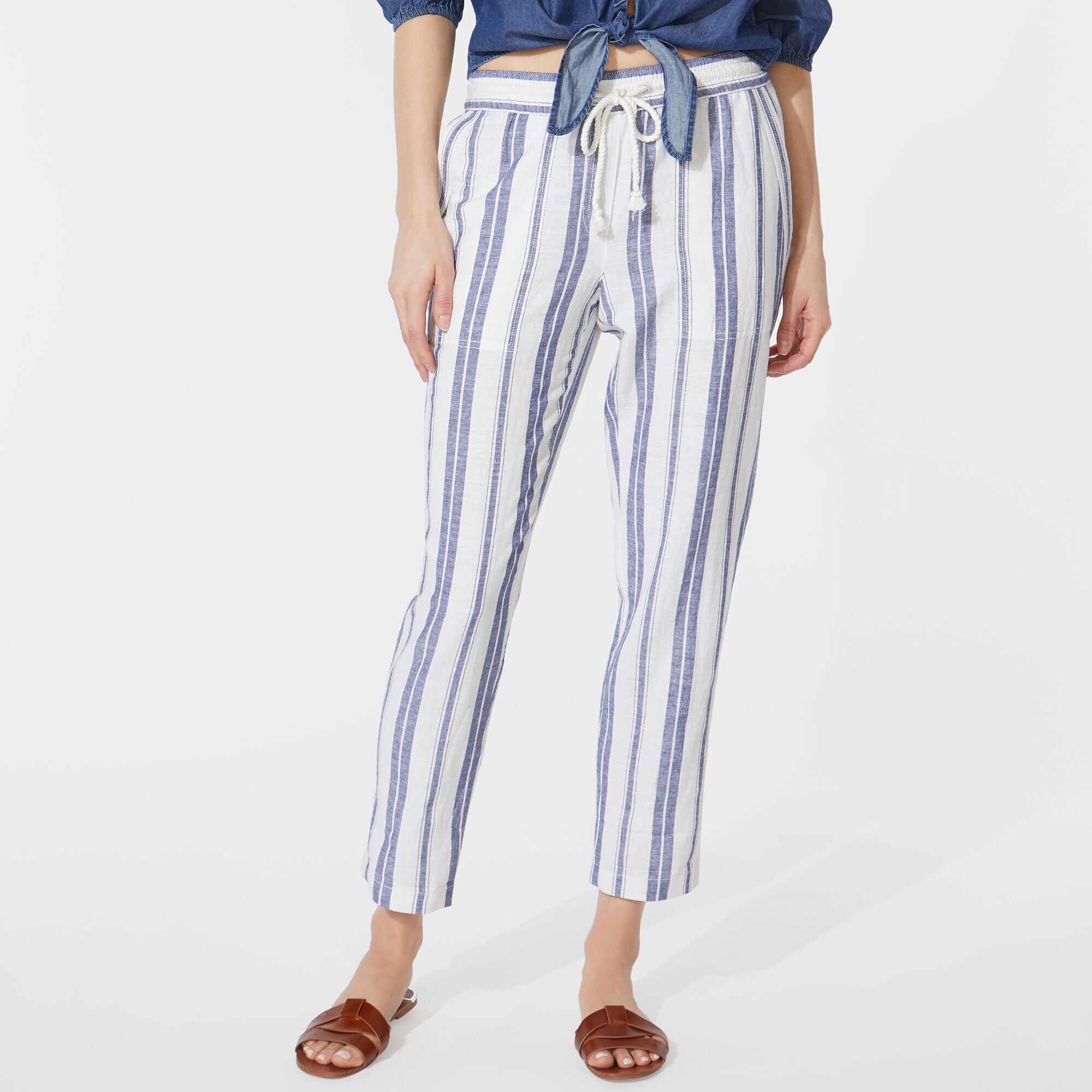 NAUTICA JEANS CO. STRIPE CROPPED LINEN PANTS,Blue Depths,large