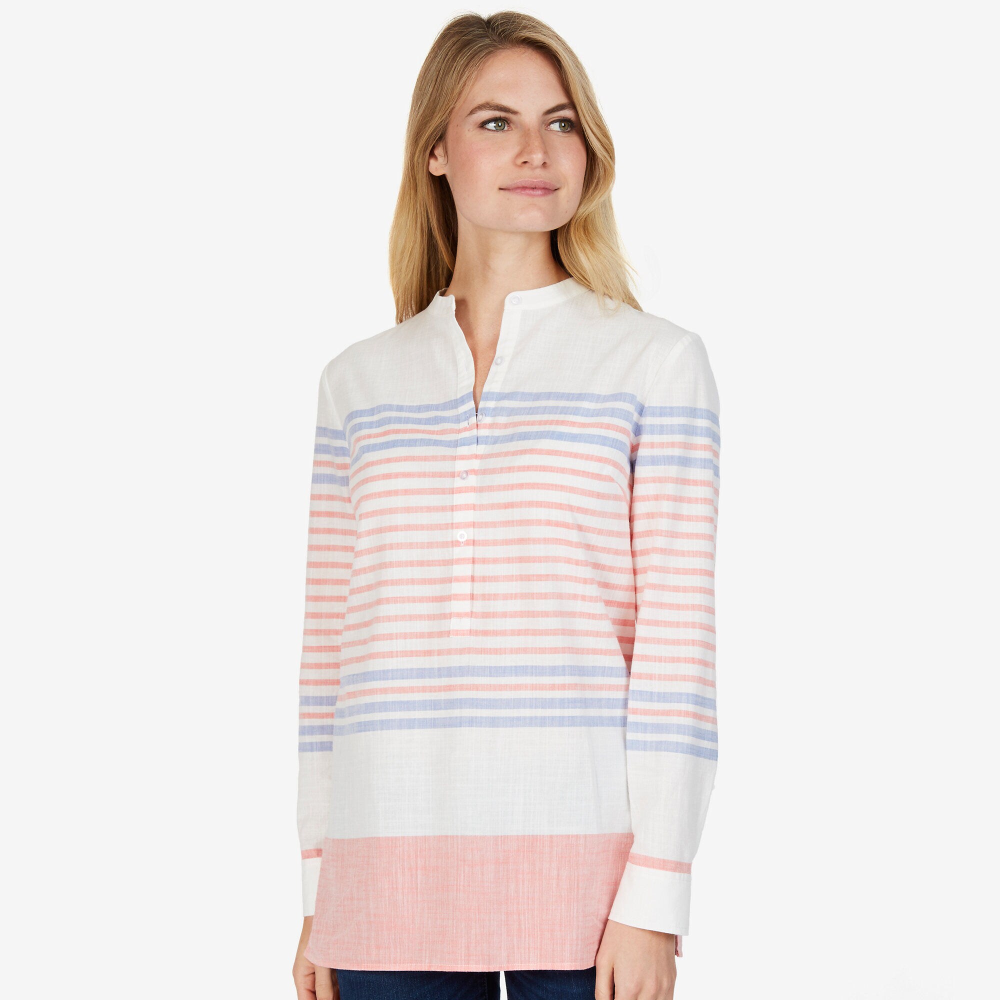 Long Sleeve Striped Tunic Shirt,Carnation Pink,large