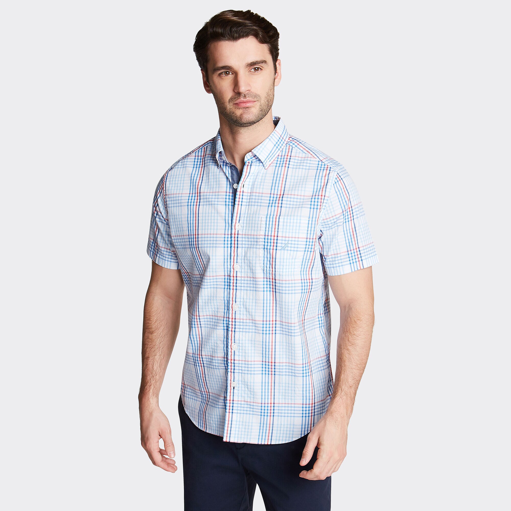 CLASSIC FIT SHORT SLEEVE POPLIN SHIRT IN PLAID,Varsity Blue Wash,large