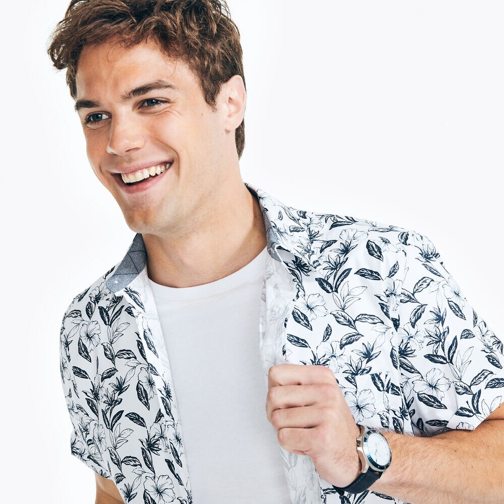 BIG & TALL SHORT-SLEEVE PRINTED OXFORD SHIRT,Bright White,large