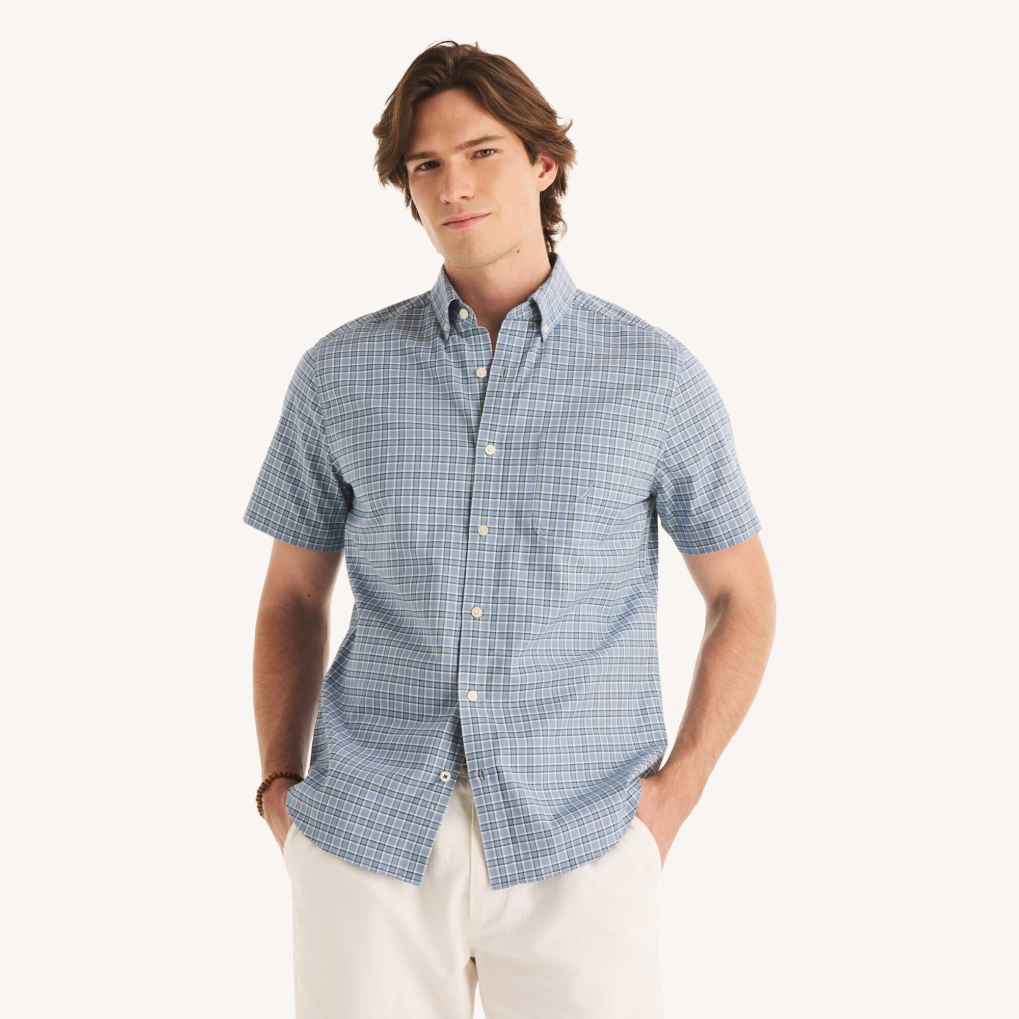 Short-Sleeve Plaid Oxford Shirt,Peacoat,large