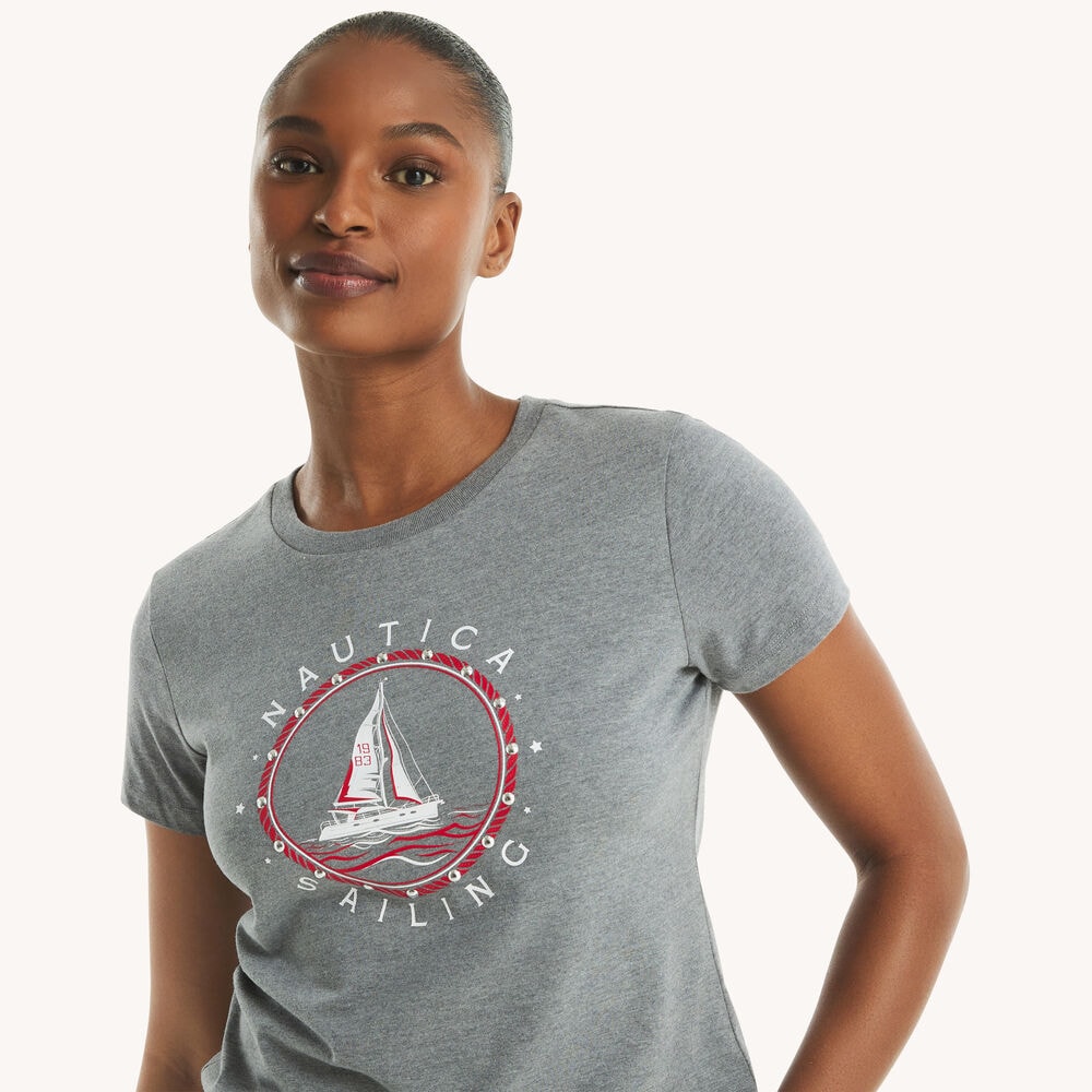 Heritage Sailboat Studded Graphic T-Shirt,Grey Heather,large