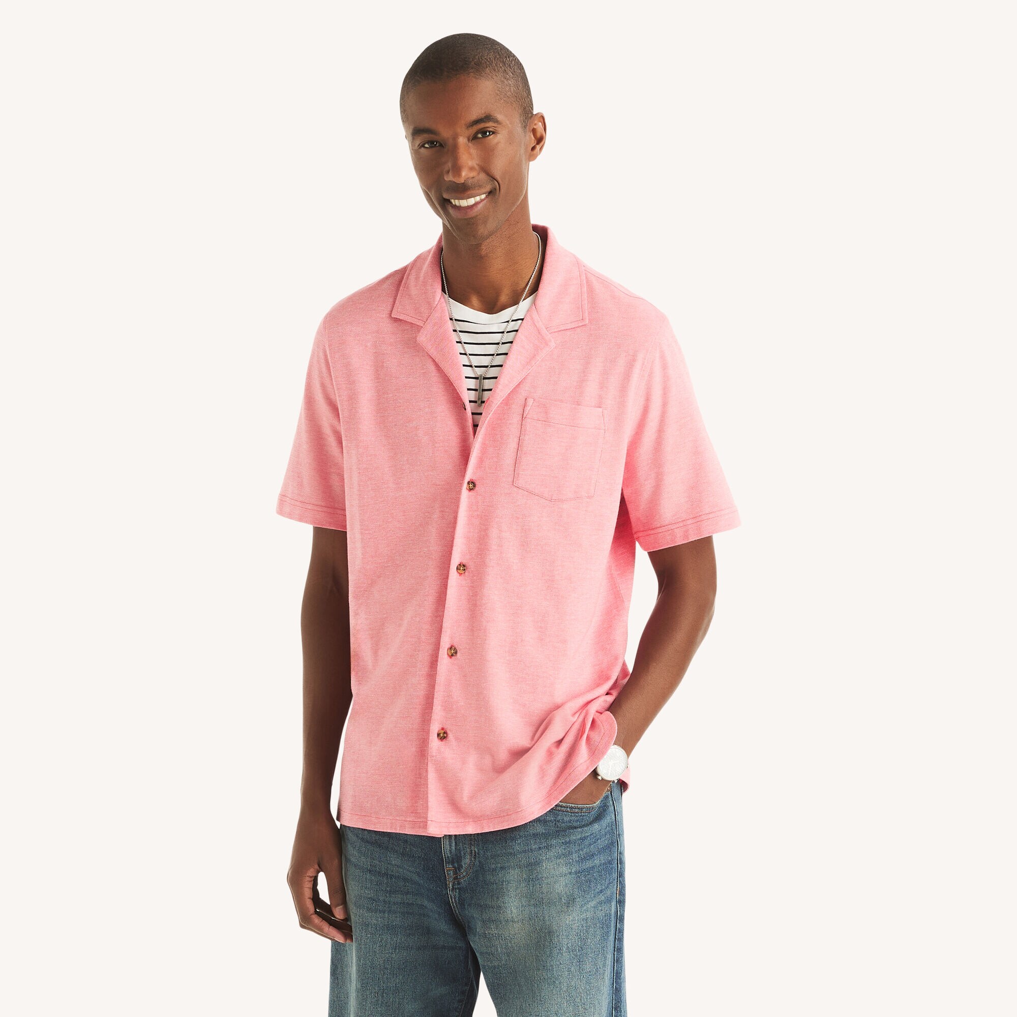 Classic Fit Button-Front Polo,Dreamy Coral,large