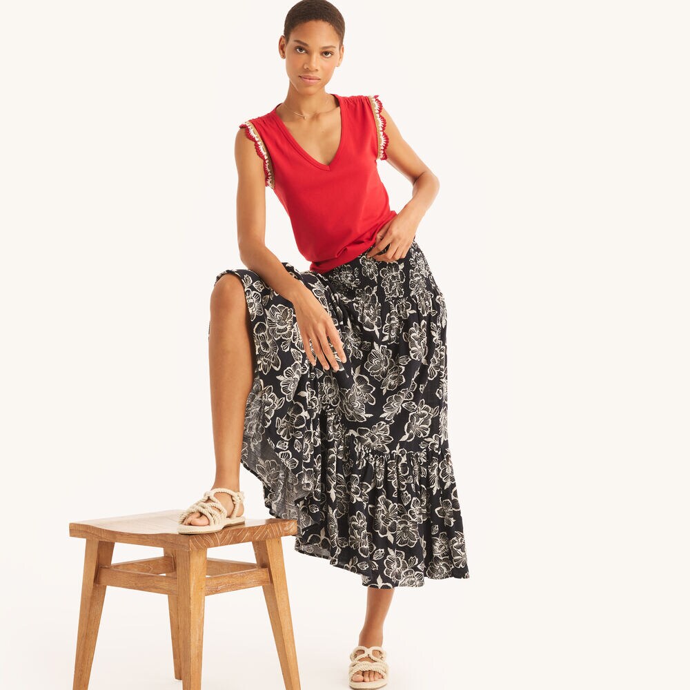 Smocked Printed Midi Skirt,Navy,large