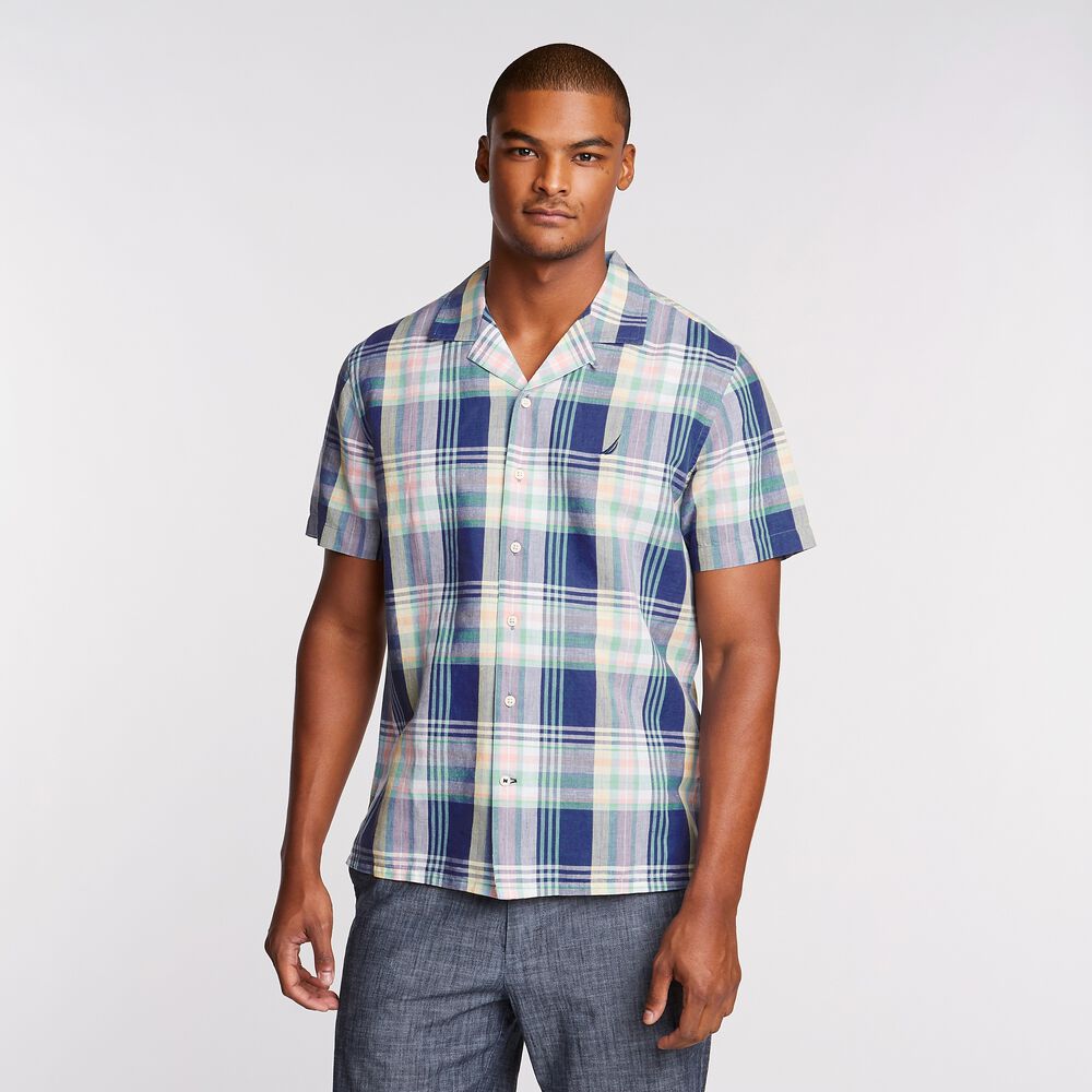 Linen Blend Camp Shirt in Woven Plaid,Limoges,large