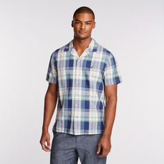 Linen Blend Camp Shirt in Woven Plaid,Limoges,large