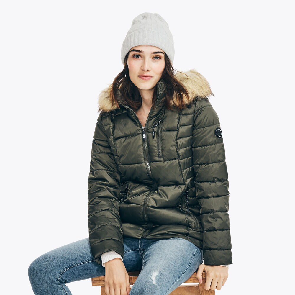 FAUX-FUR TRIMMED HOODED PUFFER,Teal Wave,large