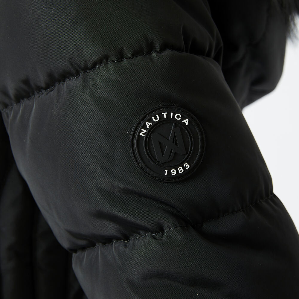 FAUX FUR TRIM HOODED BELTED PUFFER COAT,True Black,large