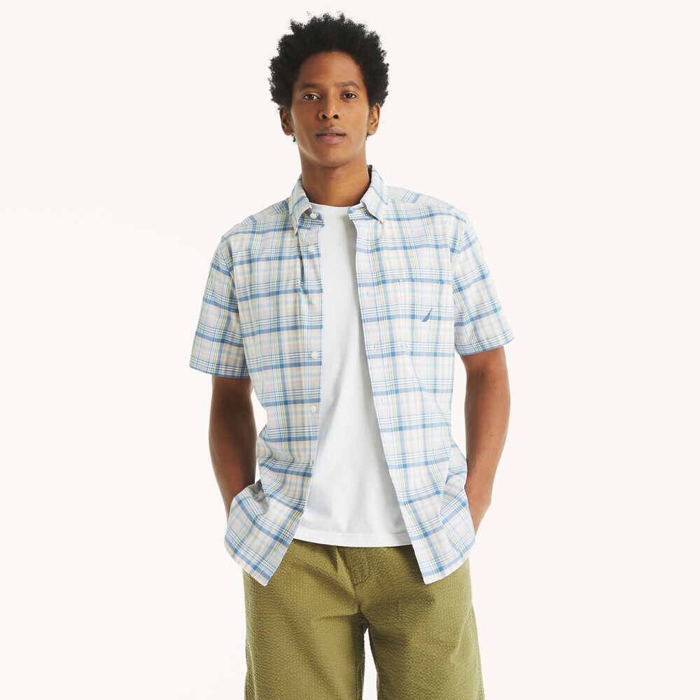 Big & Tall Plaid Short-Sleeve Shirt,Bright White,large