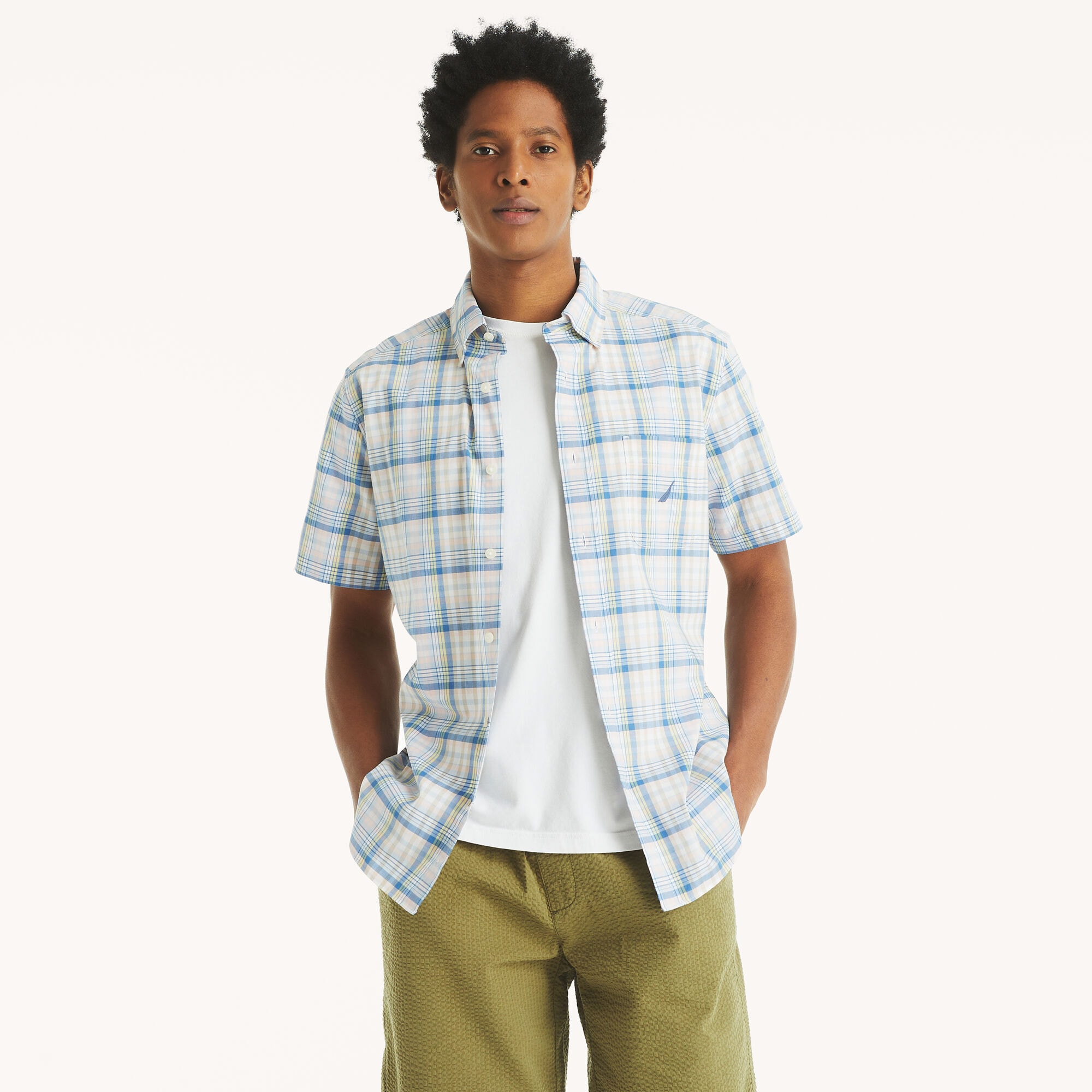 Big & Tall Plaid Short-Sleeve Shirt,Bright White,large