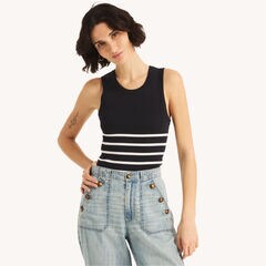 Striped Crewneck Sweater Tank,Navy,large