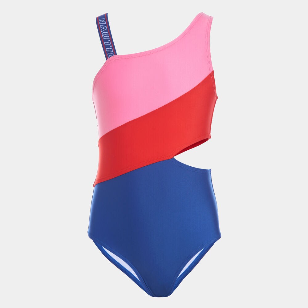 GIRLS' COLORBLOCK CUT OUT ONE-PIECE SWIMSUIT (8-20),Bolt Blue,large