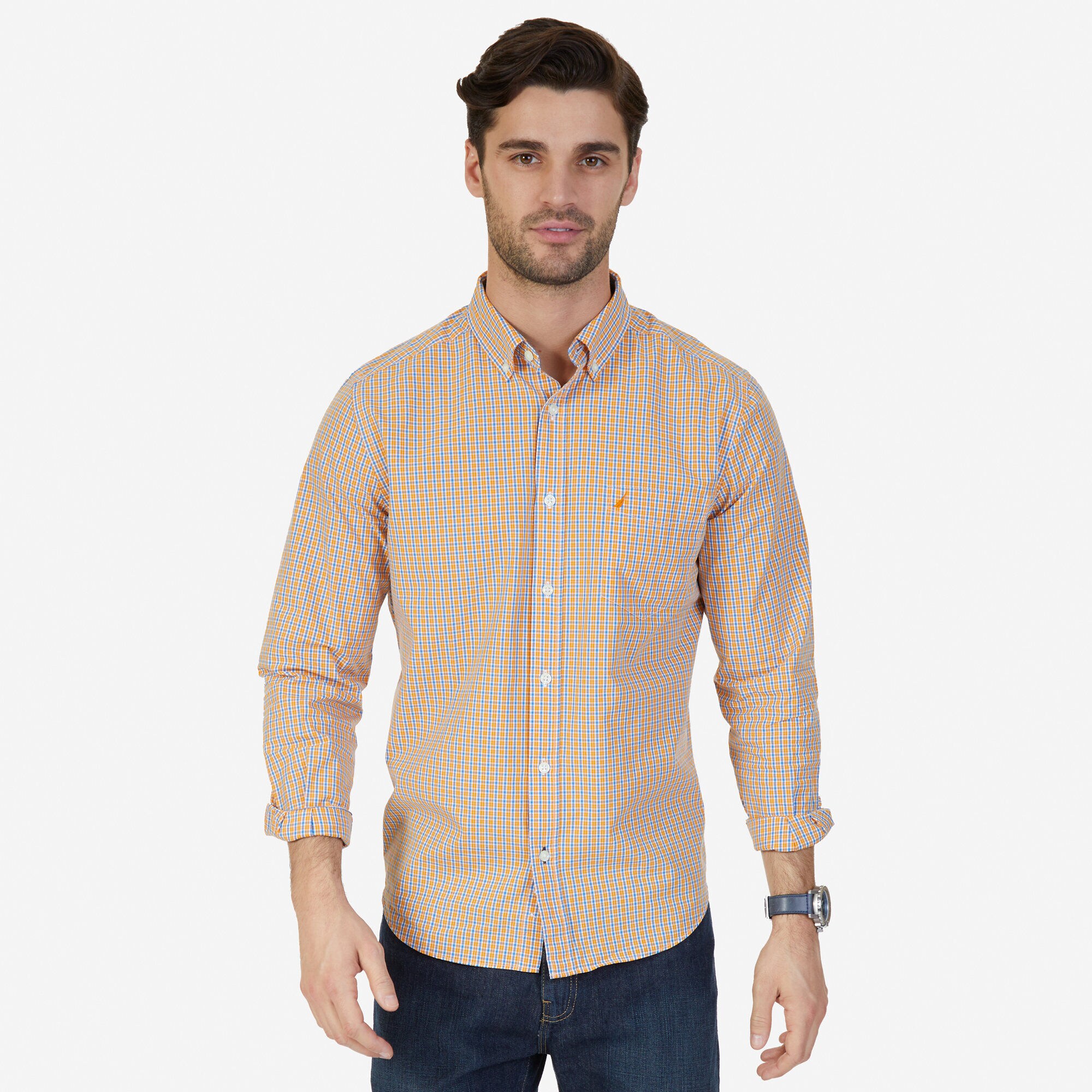 Classic Fit Orange Plaid Shirt,Orange Sunset,large