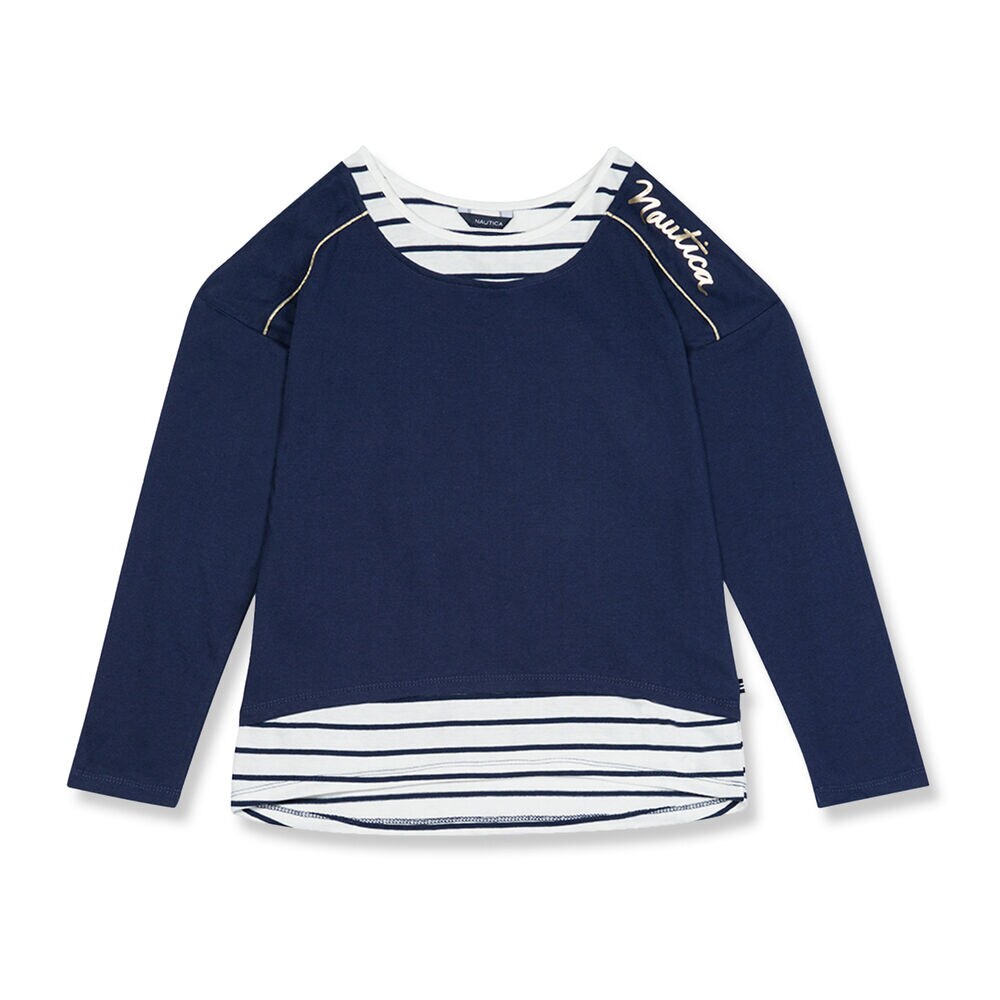 Little Girls' Metallic Logo Layered Top (4-6X),Navy,large