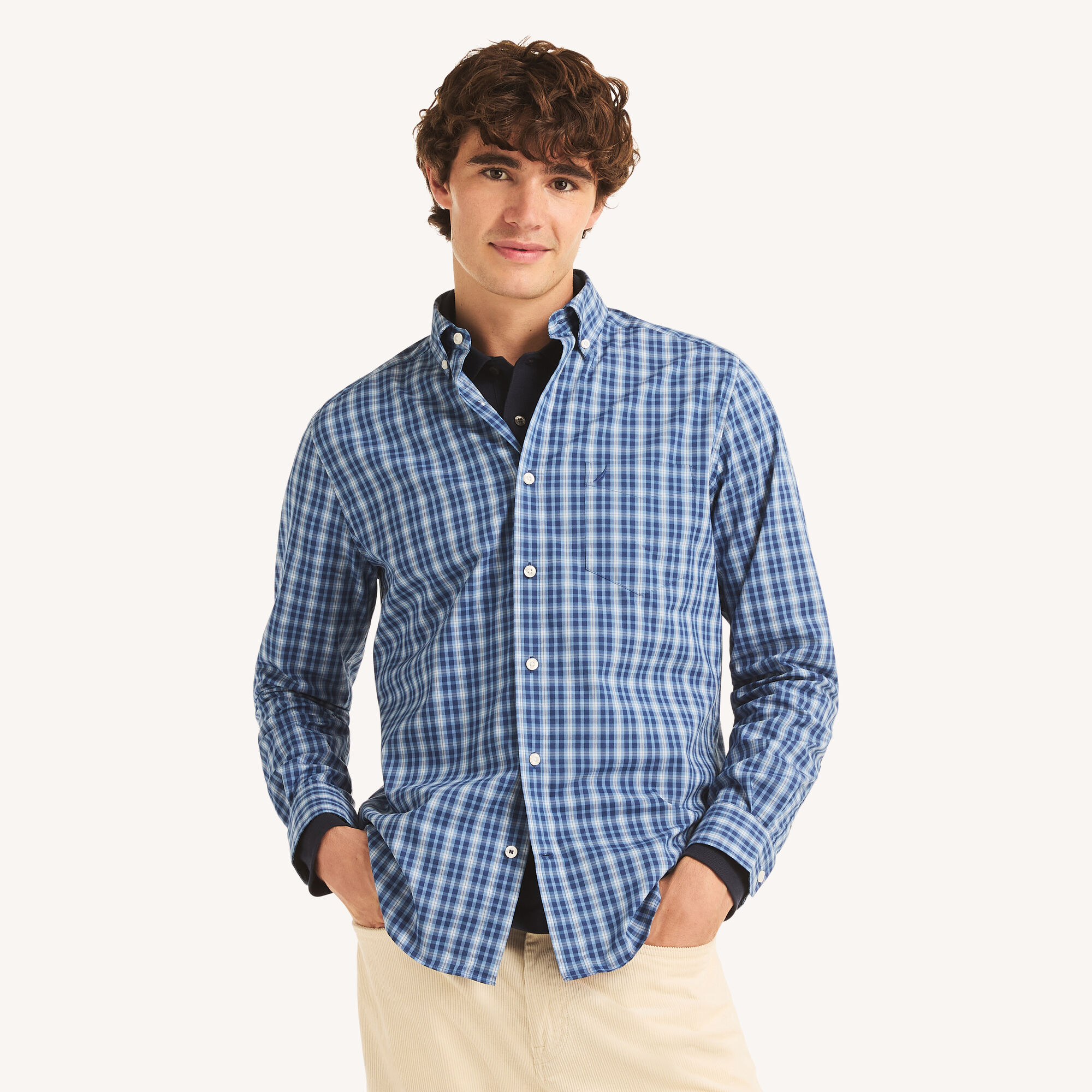 Classic Fit Wrinkle-Resistant Plaid Shirt,Riviera Blue,large