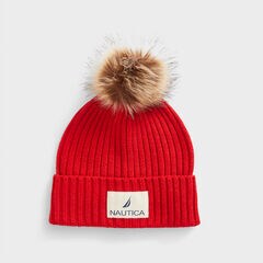 RIBBED-KNIT POM-POM BEANIE,Tomales Red,large