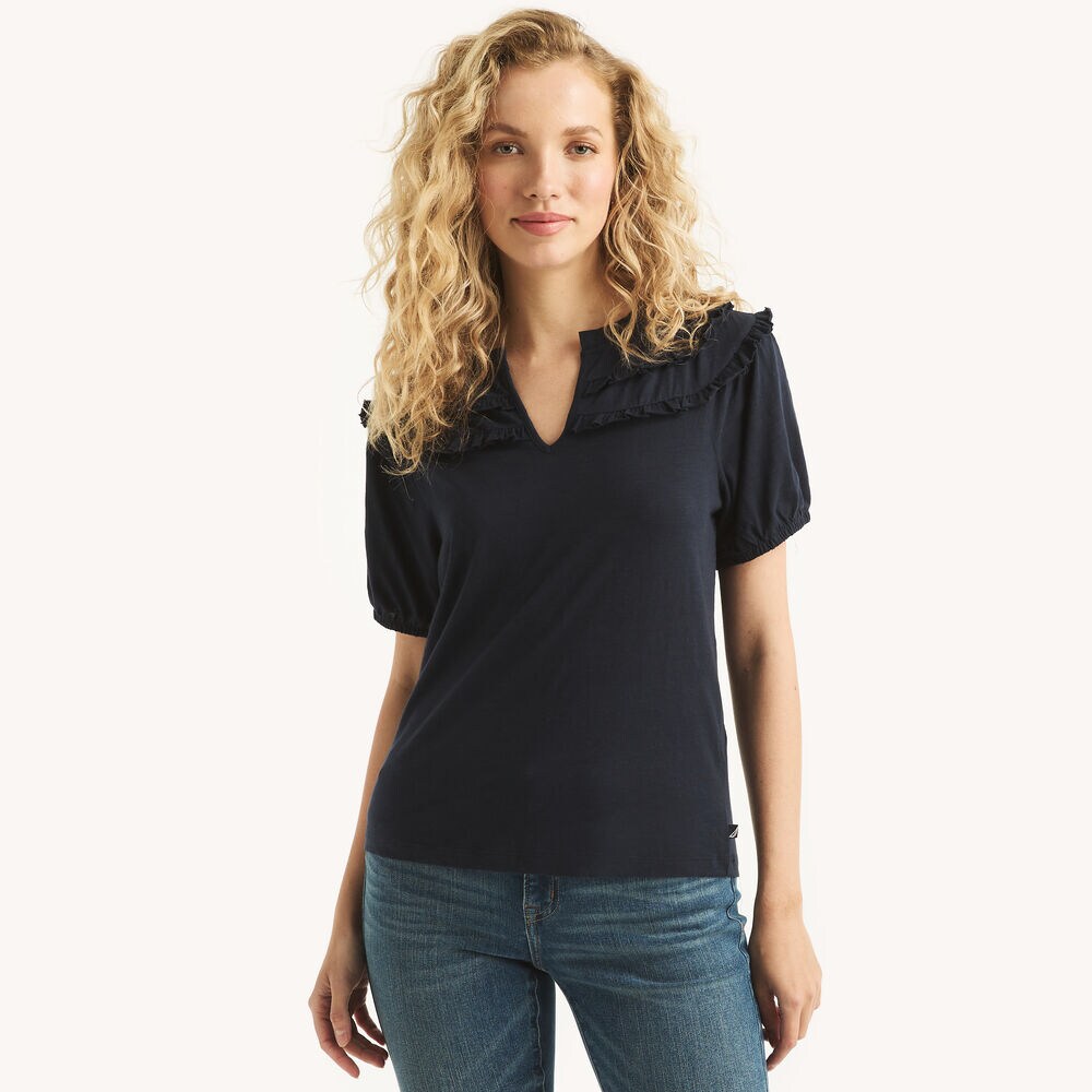 Ruffle-Neck Top,Navy,large